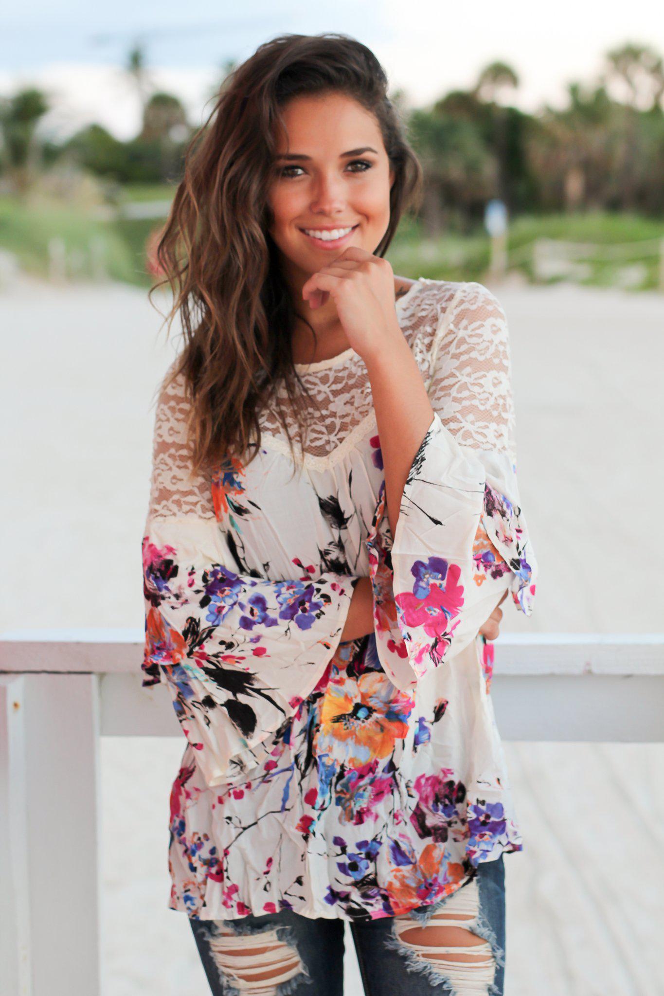 Stylish Ivory Bell - Sleeved Floral Lace Women's Top