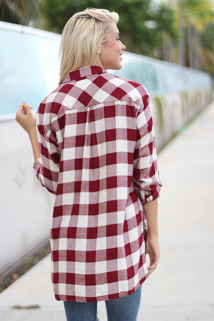 Stylish Burgundy and White Plaid Women's Tunic Top for Casual Wear