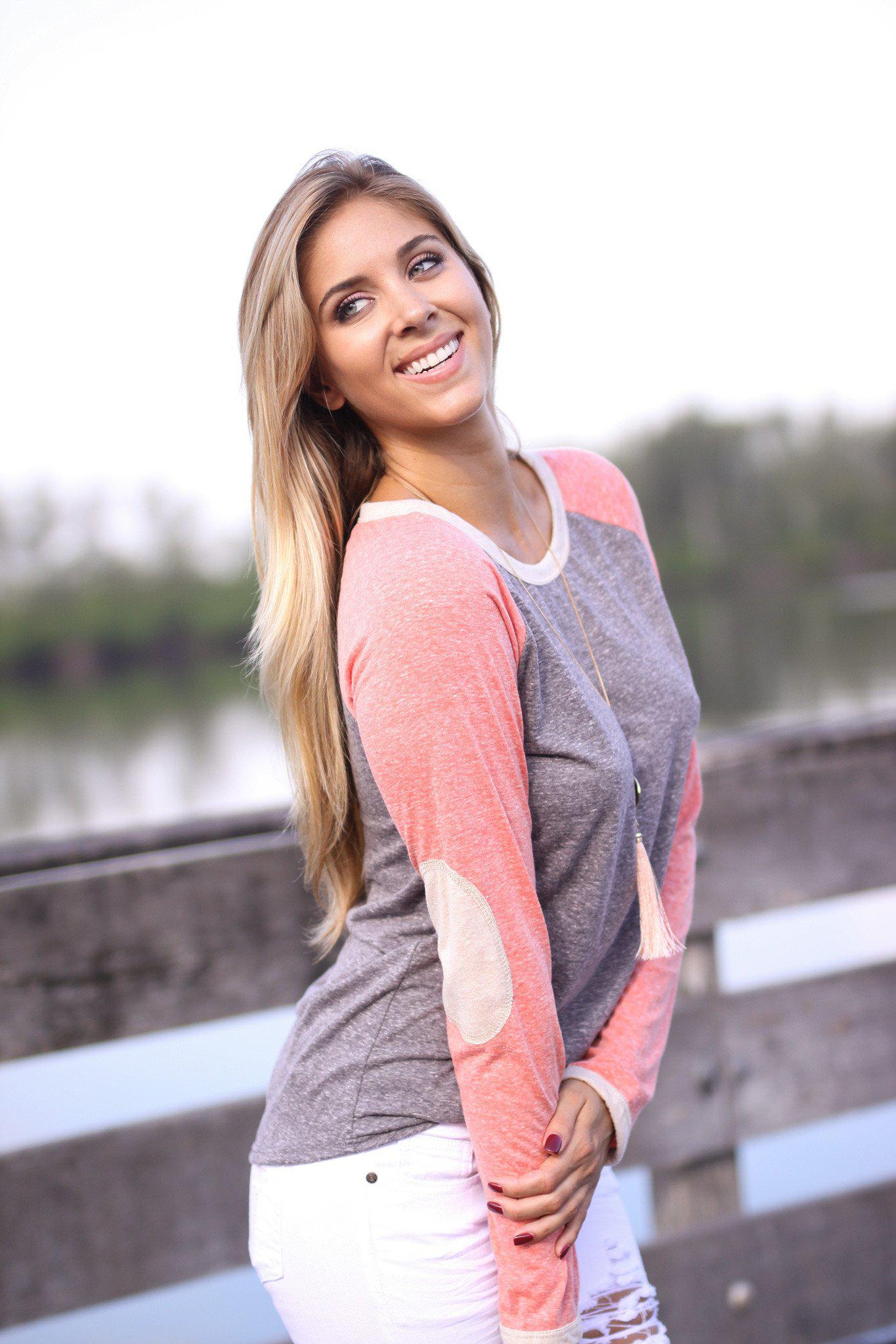 Stylish Charcoal, Rust Baseball Tee for Women with Adorable Elbow Patches