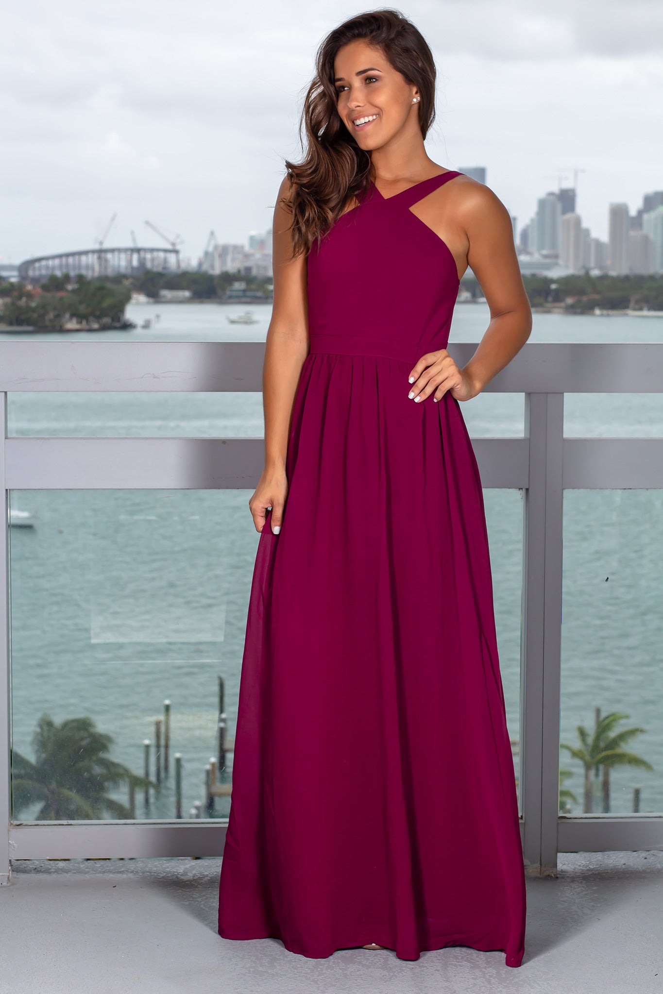 Stunning Burgundy Open - Back Halter Neck Long Maxi Dress for Women