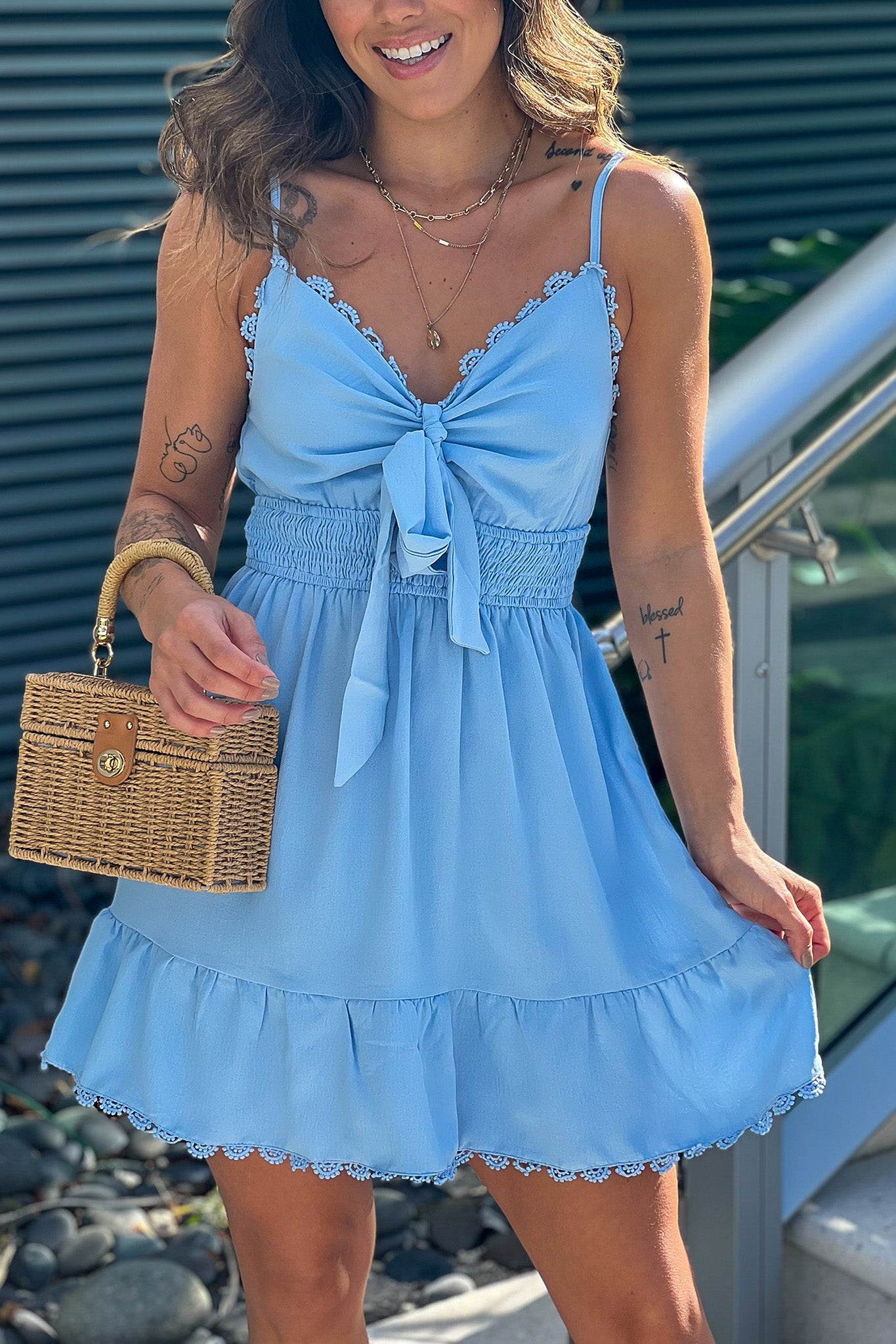 Charming Light Blue Short Women's Dress Adorned with a Bow
