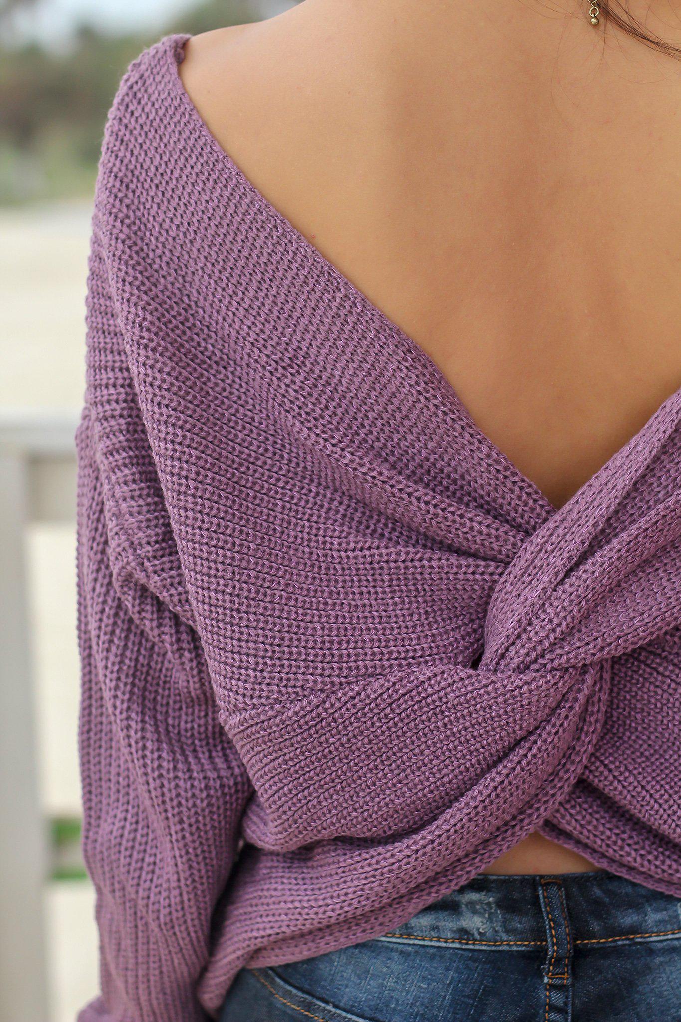 Soft Lilac Acrylic-Cotton Knit Sweater with Back Twist Design