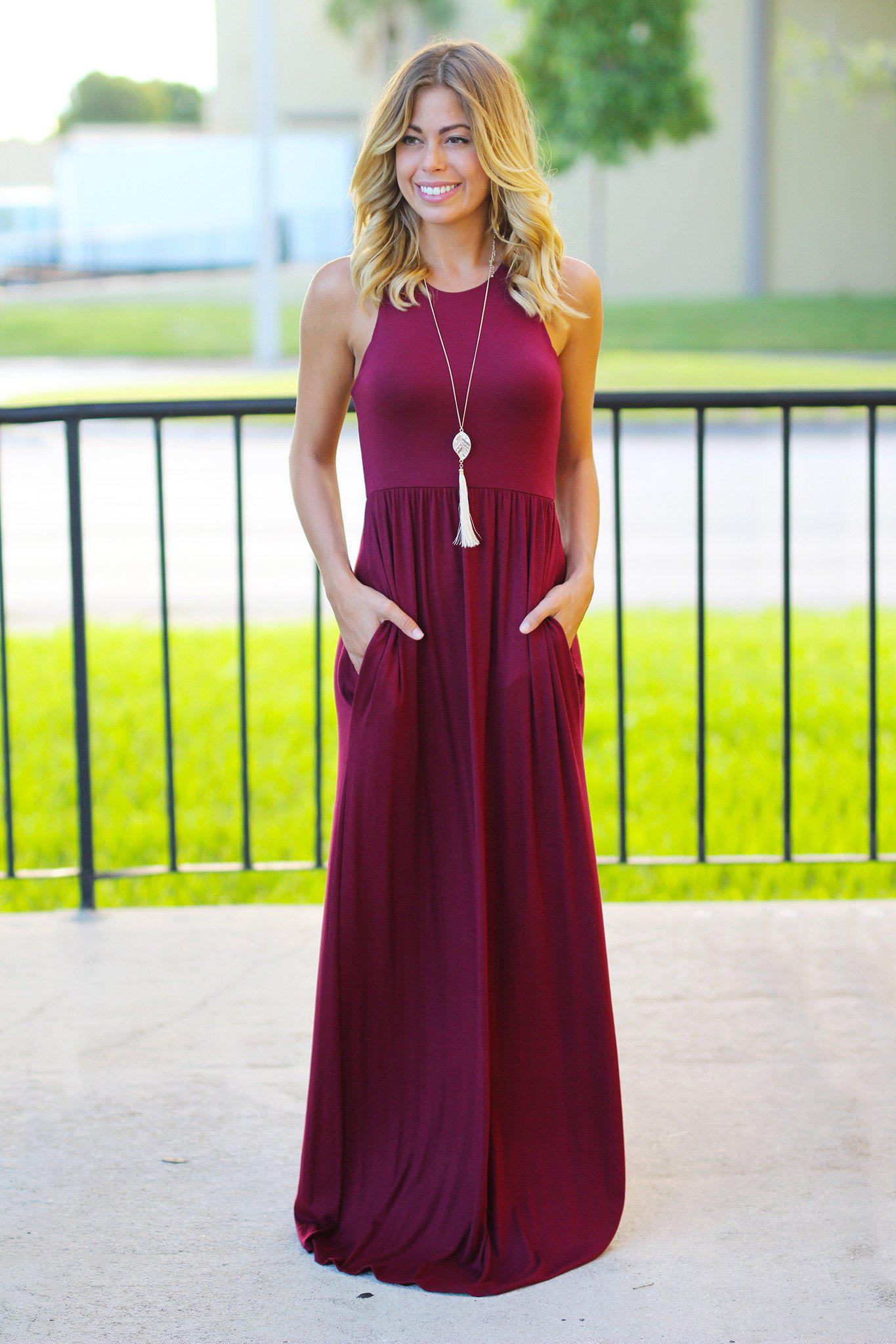 Stunning Burgundy Women's Maxi Dress with Functional Pockets
