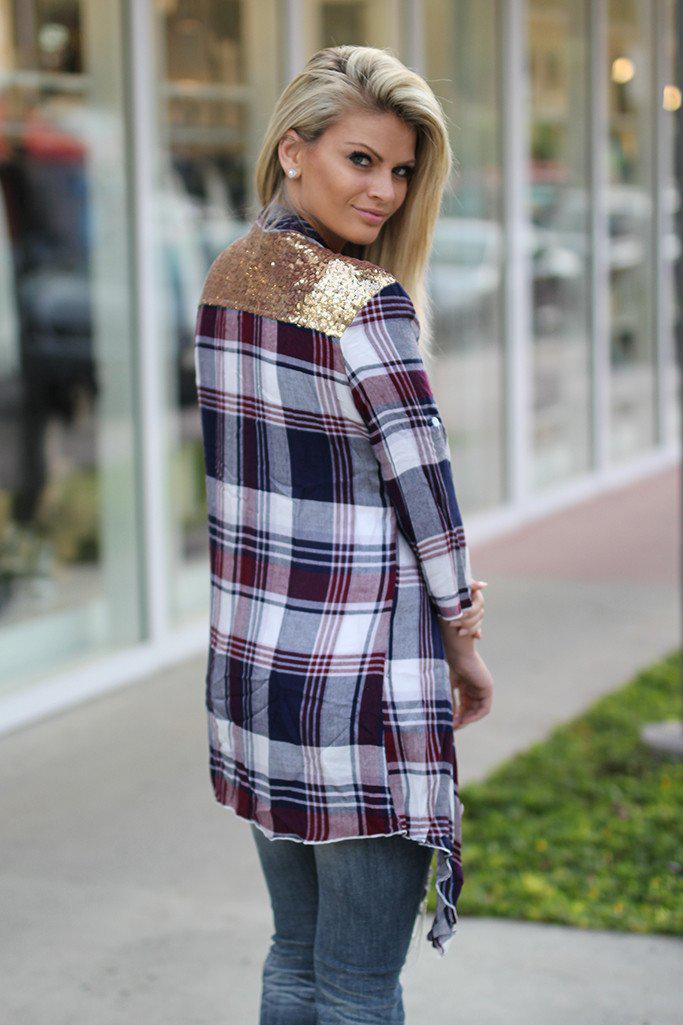 Stylish Burgundy Checkered Cardigan Featuring a Glittery Sequin Back for Fashion - Forward Wear