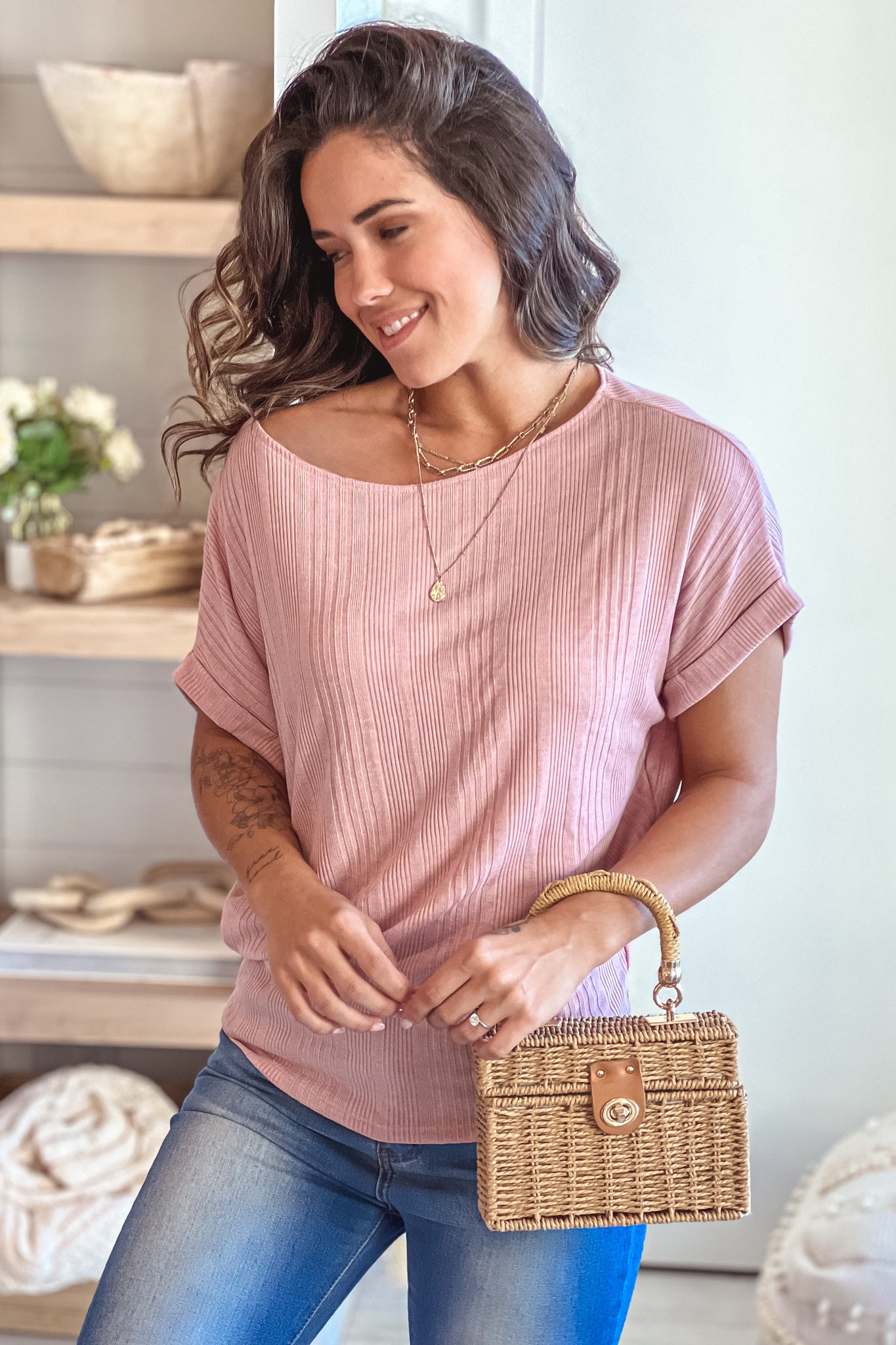 Stylish Mauve Knit Dolman-Style Women's Top