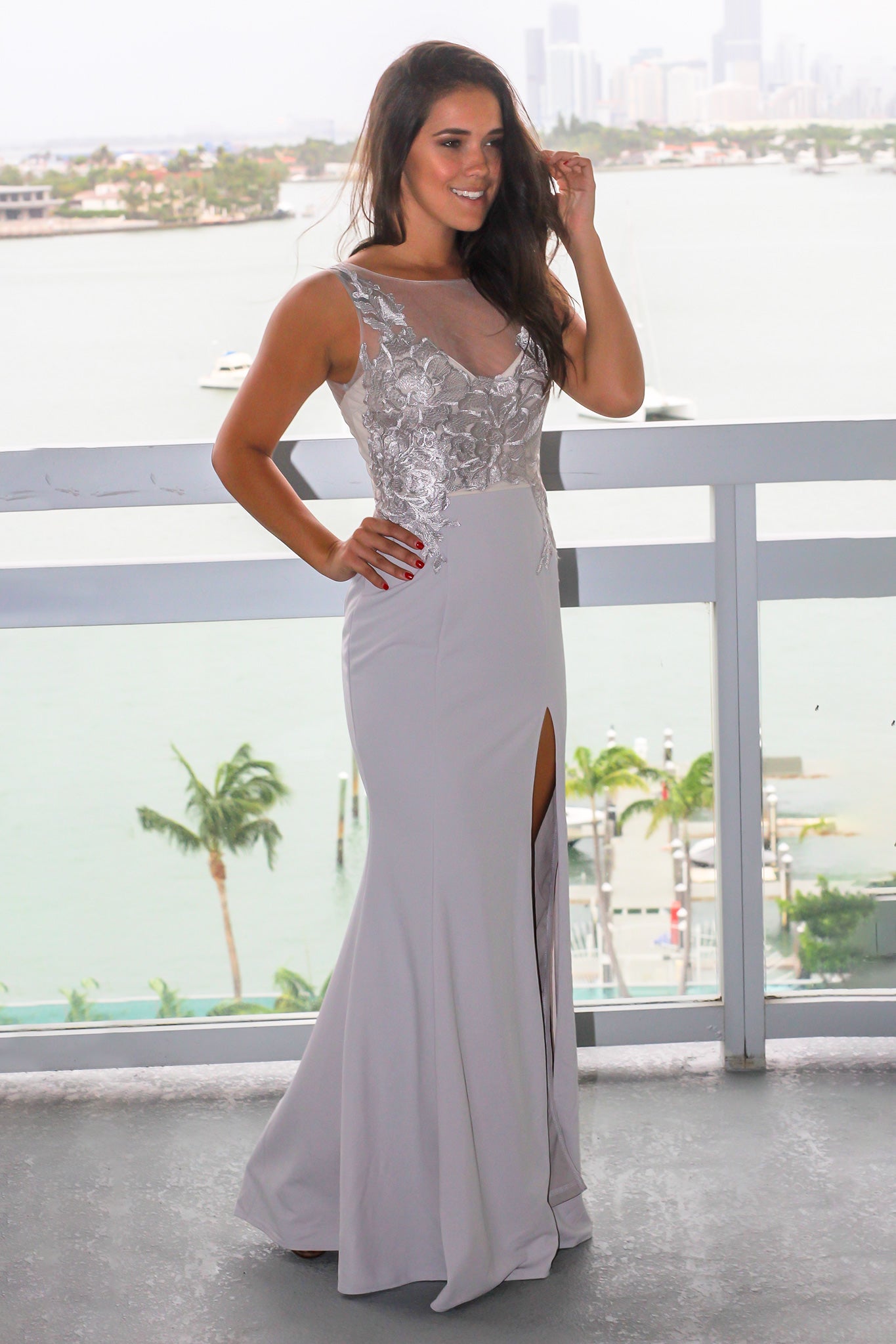 Elegant Light Gray Embroidered Sleeveless Maxi Formal Dress with Side Slit