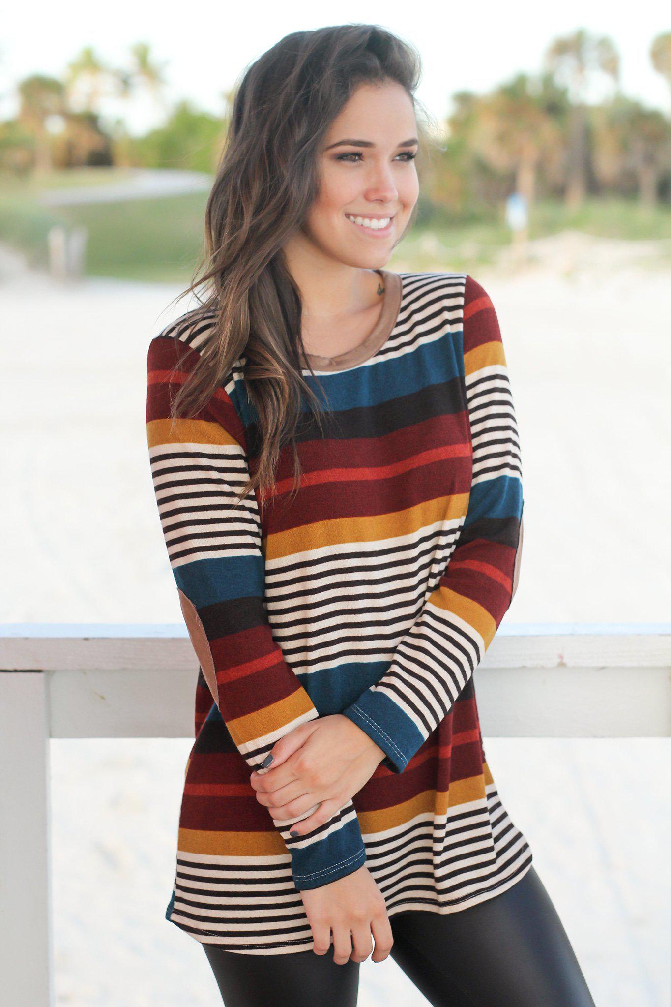 Stylish Burgundy Striped Top with Button & Tan Elbow Patch Details