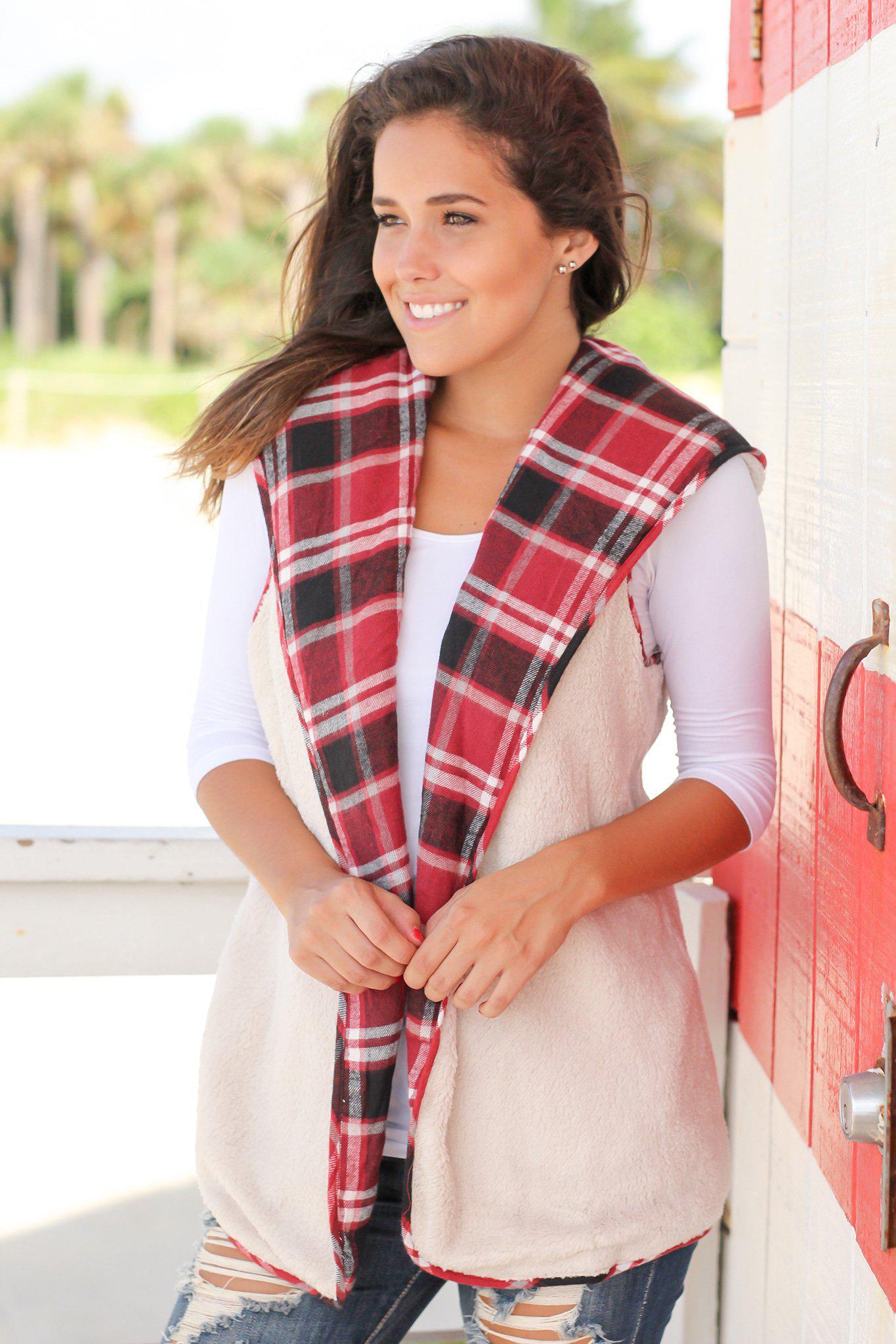 Stylish Burgundy Plaid and Faux Fur Reversible Winter Vest for Fall and Winter Fashion