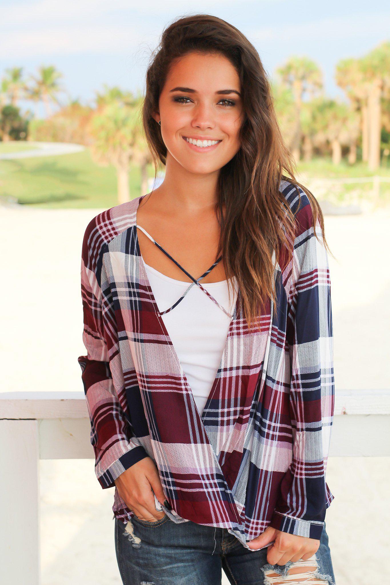 Stylish Burgundy, Navy, and Ivory Plaid Criss Cross Draped Long - Sleeve Top