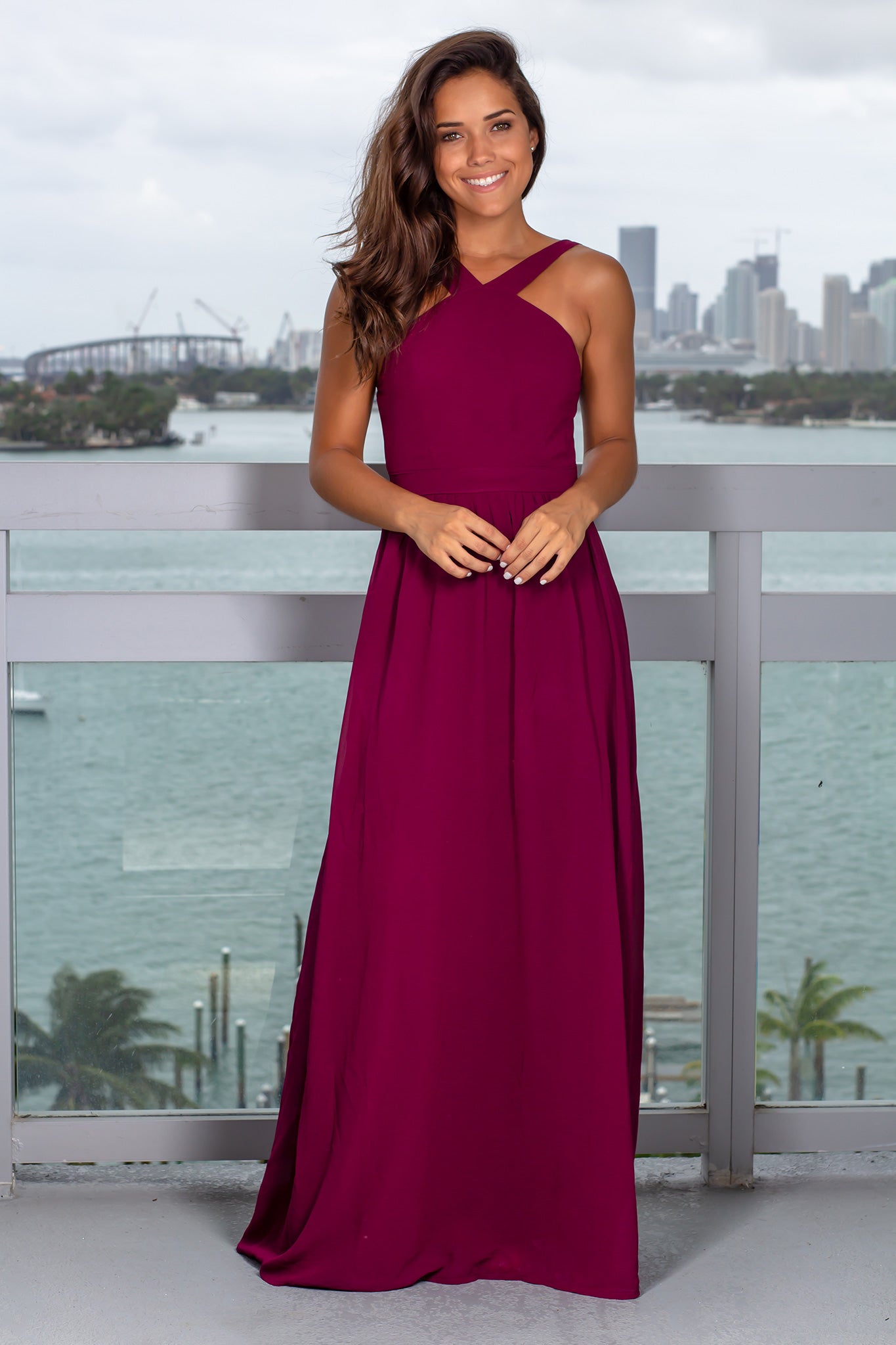 Stunning Burgundy Open - Back Halter Neck Long Maxi Dress for Women