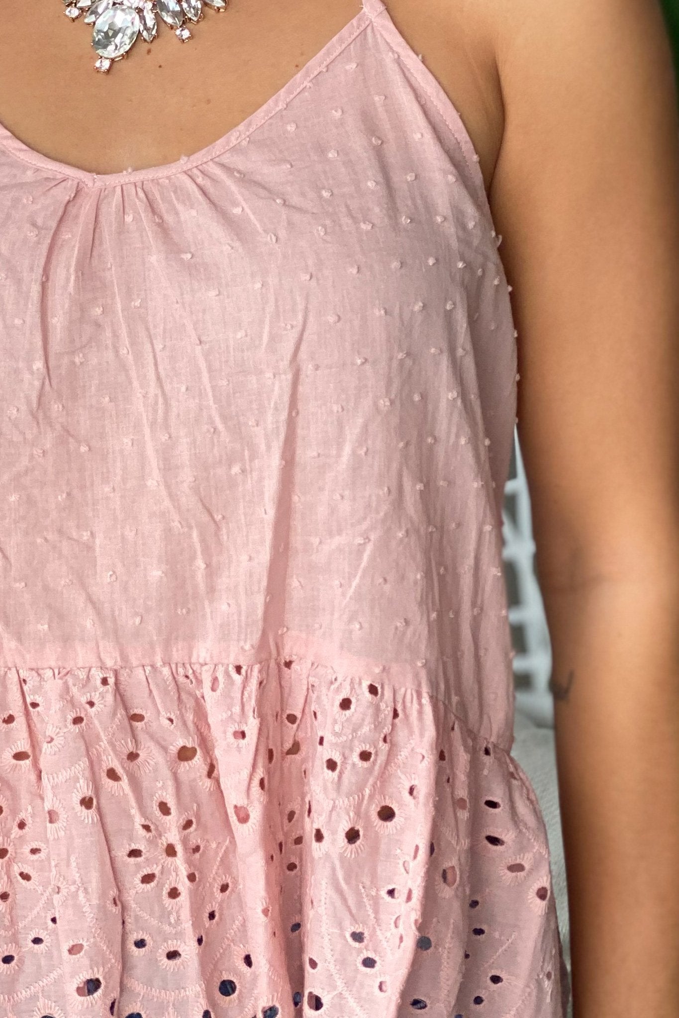 Charming Mauve Cotton Eyelet Top with Polkadot Embellishments