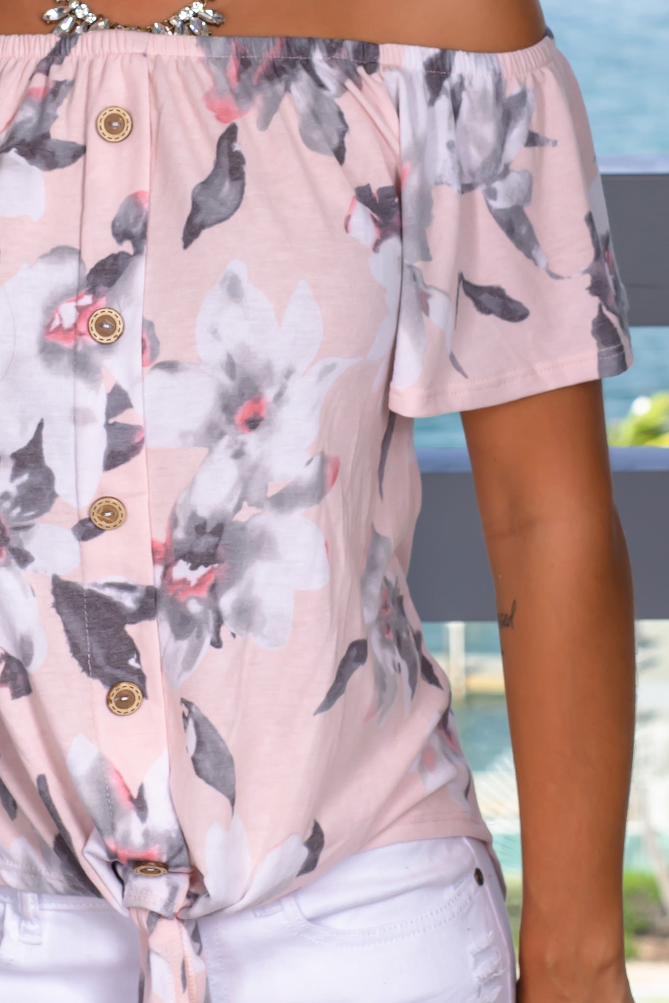 Blush Floral Off - Shoulder Front - Tied Feminine Top