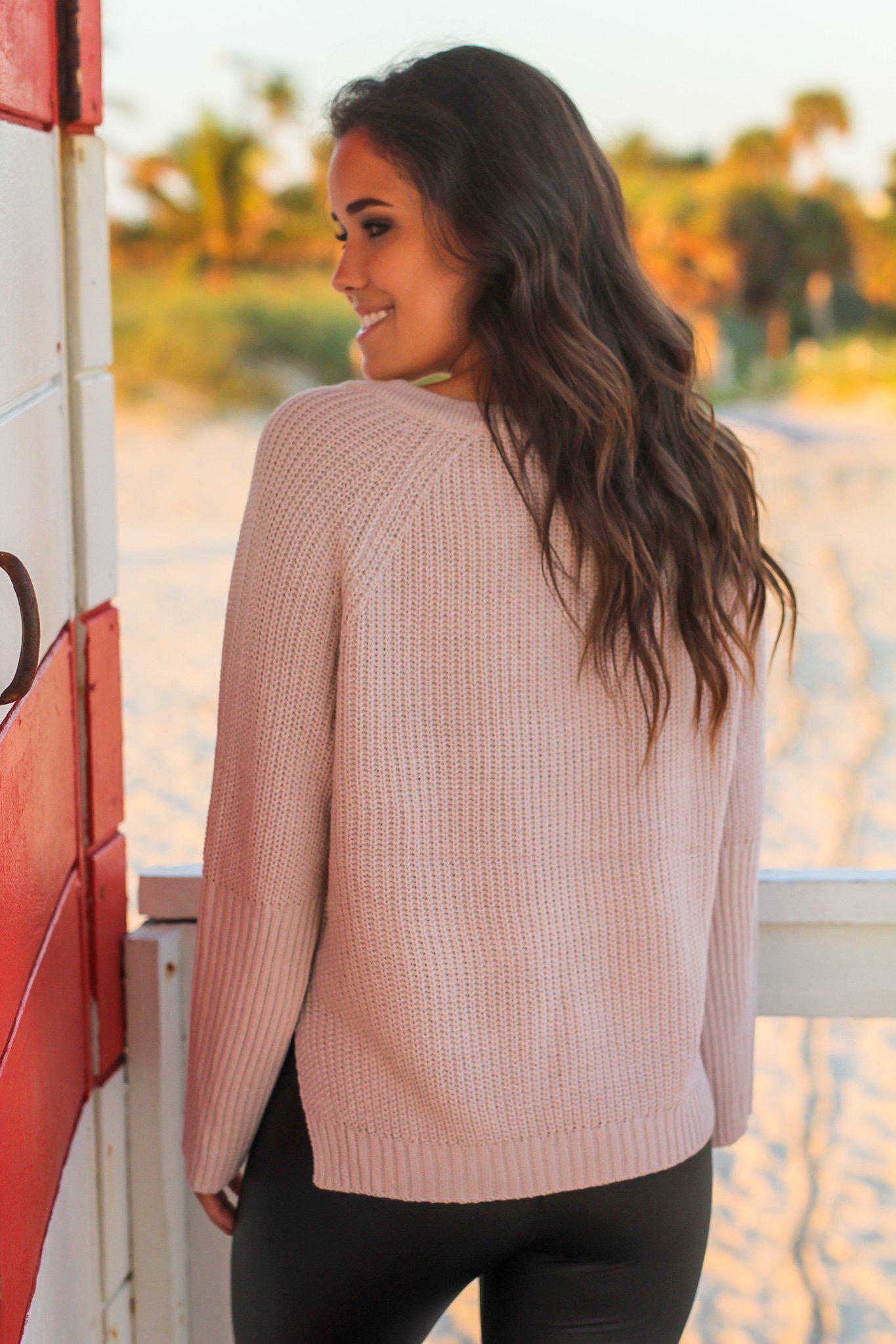 Stylish Mauve Acrylic-Cotton Knit Lace Up Bell Sleeve Sweater for Fall and Winter