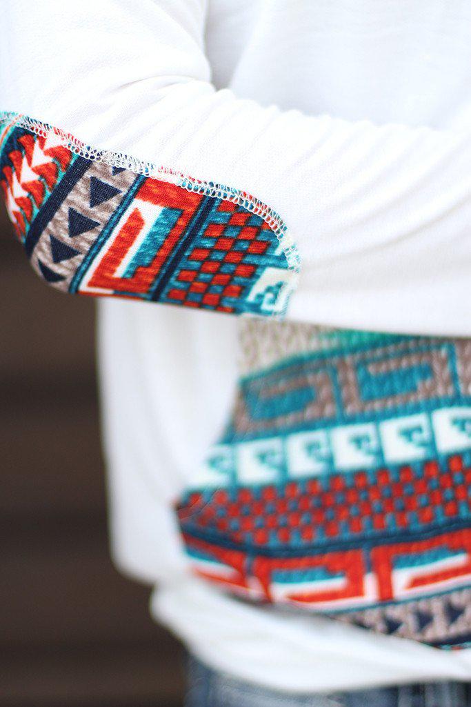 Super Soft Ivory and Teal Print Hoodie with Pocket and Elbow Patches