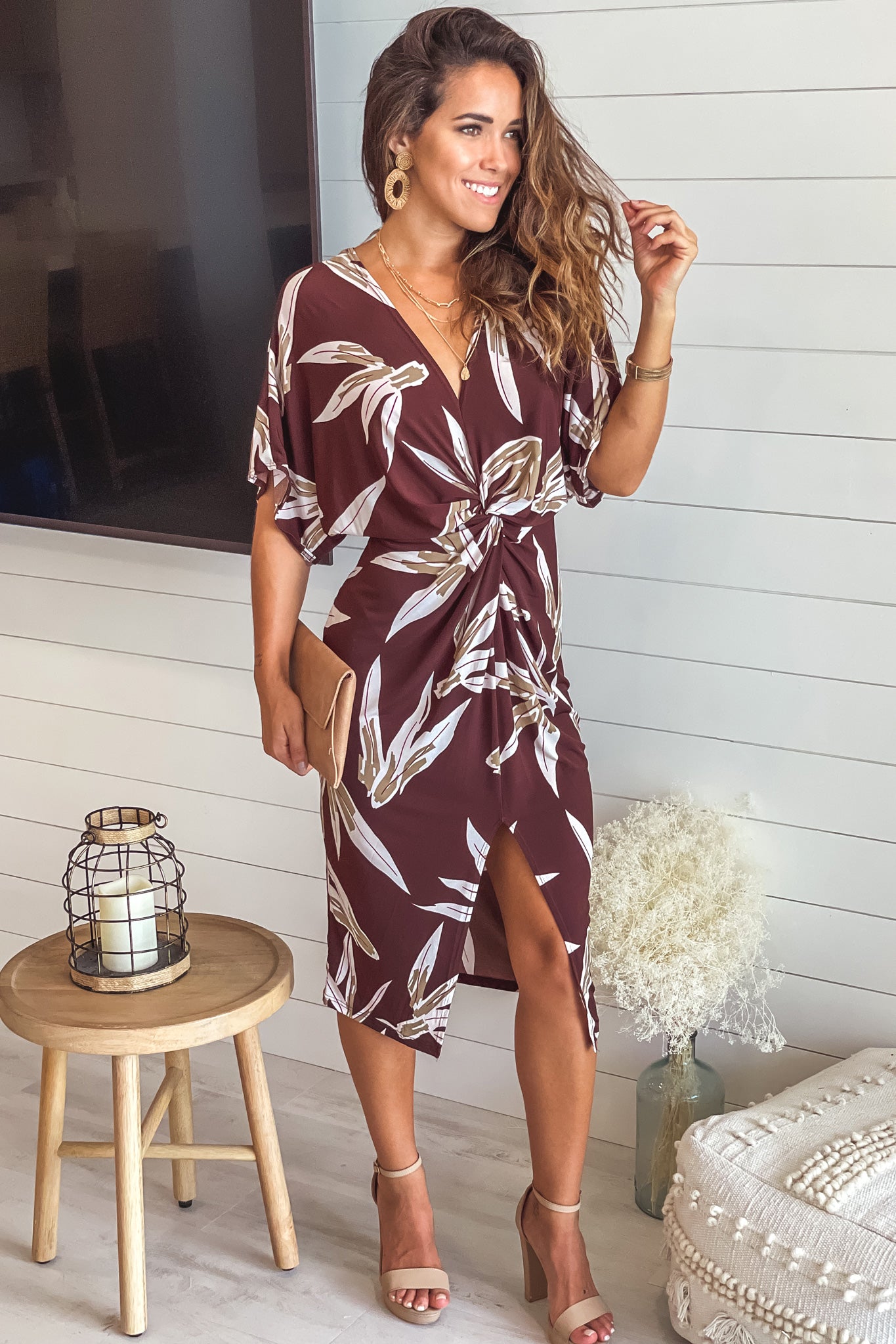 Stylish Brown Floral Printed Midi Dress with Front Knot Design