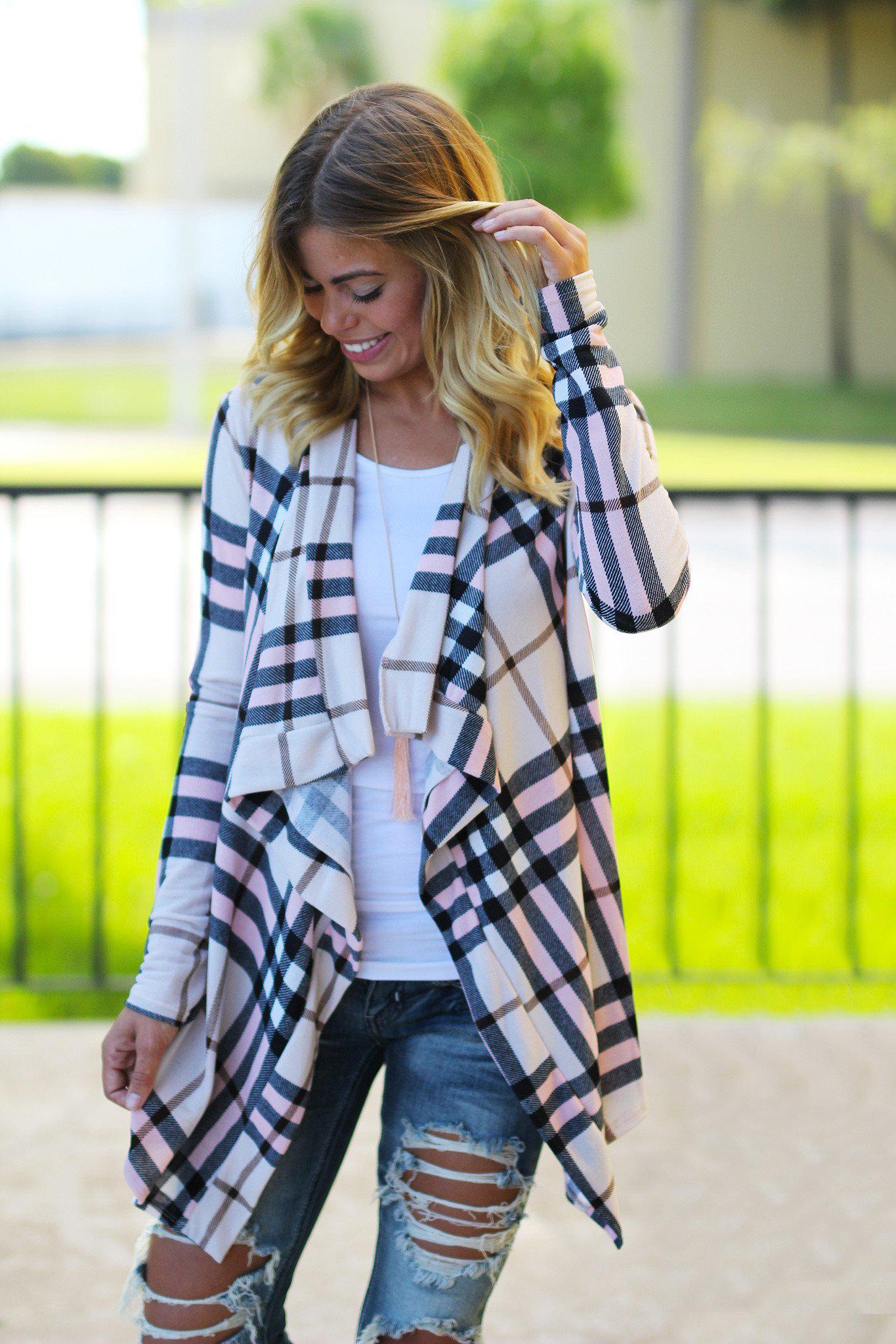 Soft and Lightweight Blush Beige Black White Taupe Plaid Open Cardigan