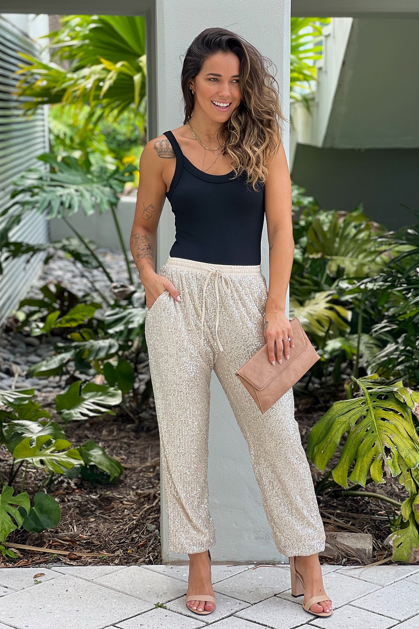 Stylish Champagne Sequin Elastic - Waist Joggers for Trendy Outings