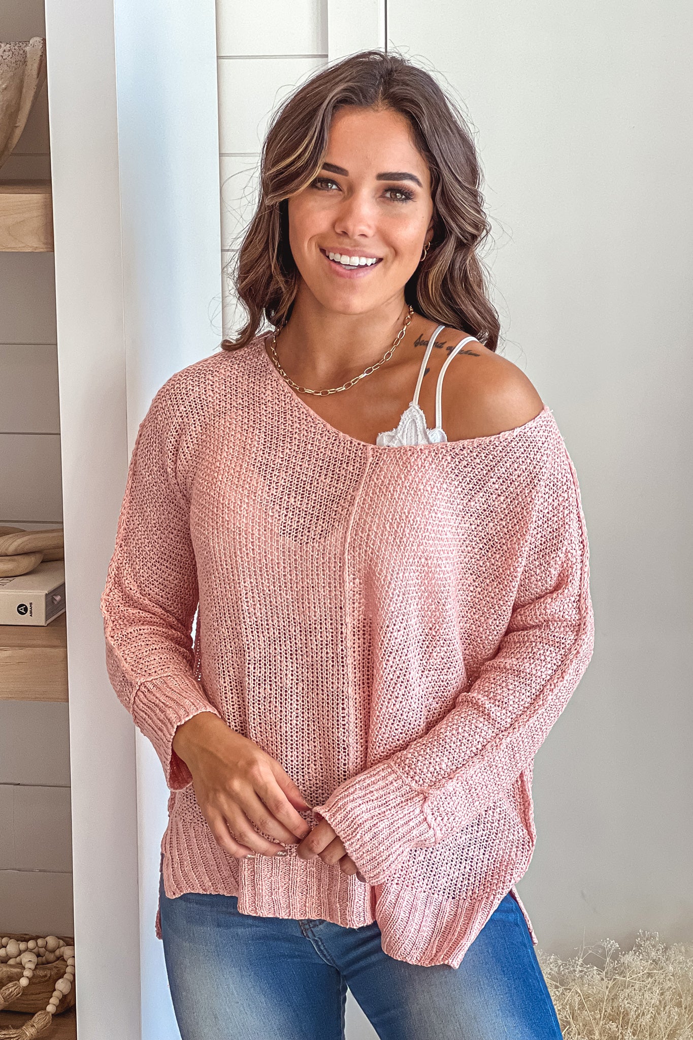 Adorable Light Pink Long - Sleeved V - Neck Knitted Top