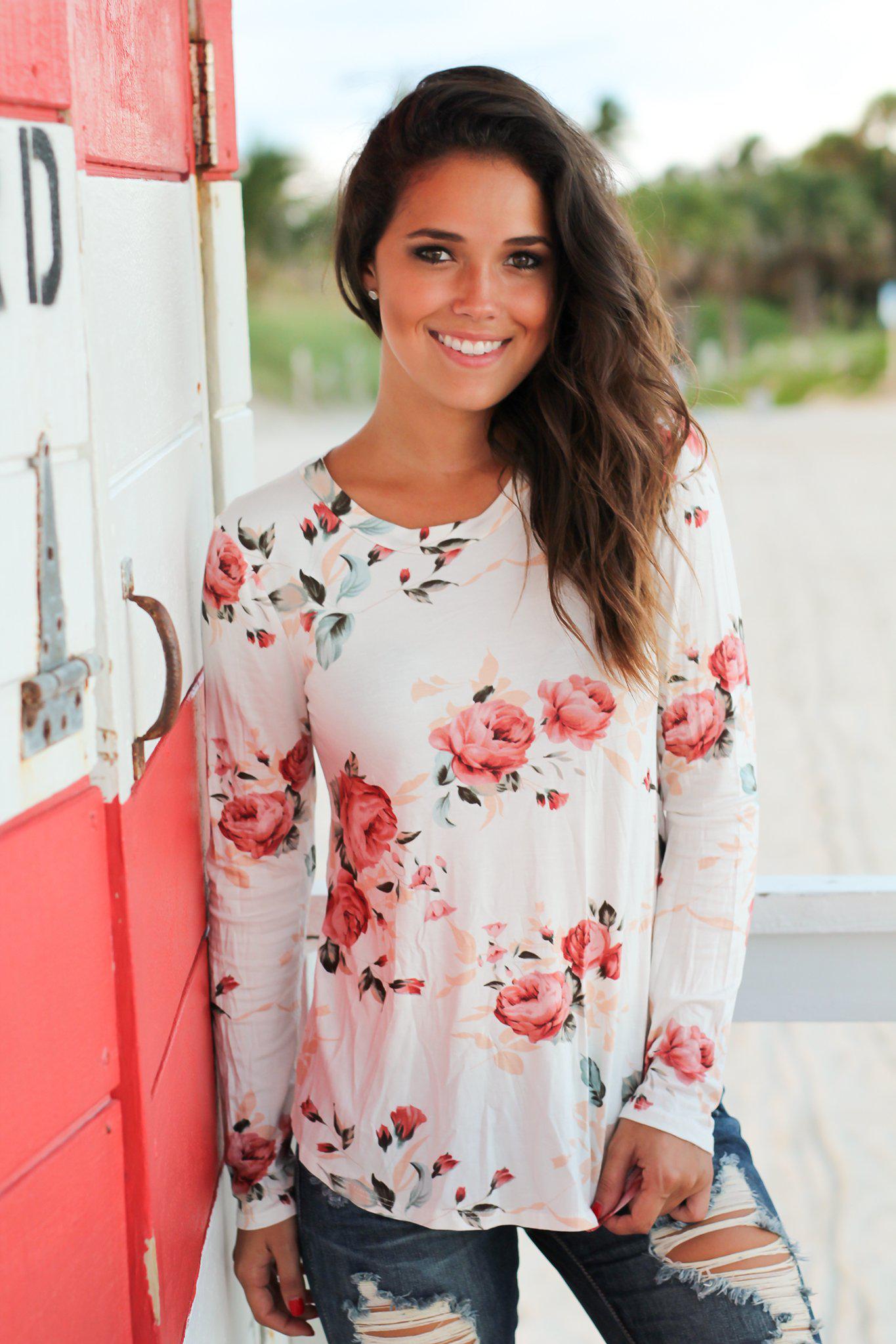 Elegant Ivory Floral Long Sleeve Women's Blouse Top