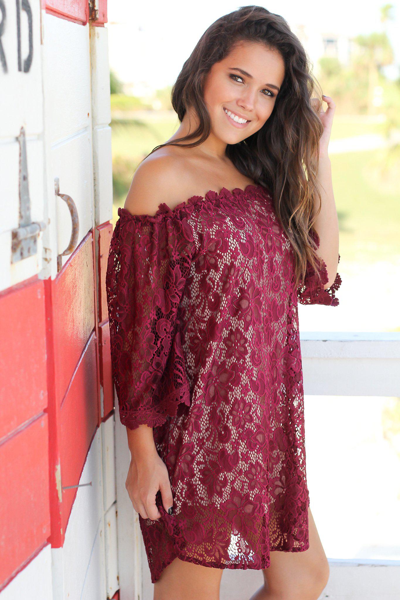 Charming Burgundy Lace Off - Shoulder Short Evening Dress for Special Occasions