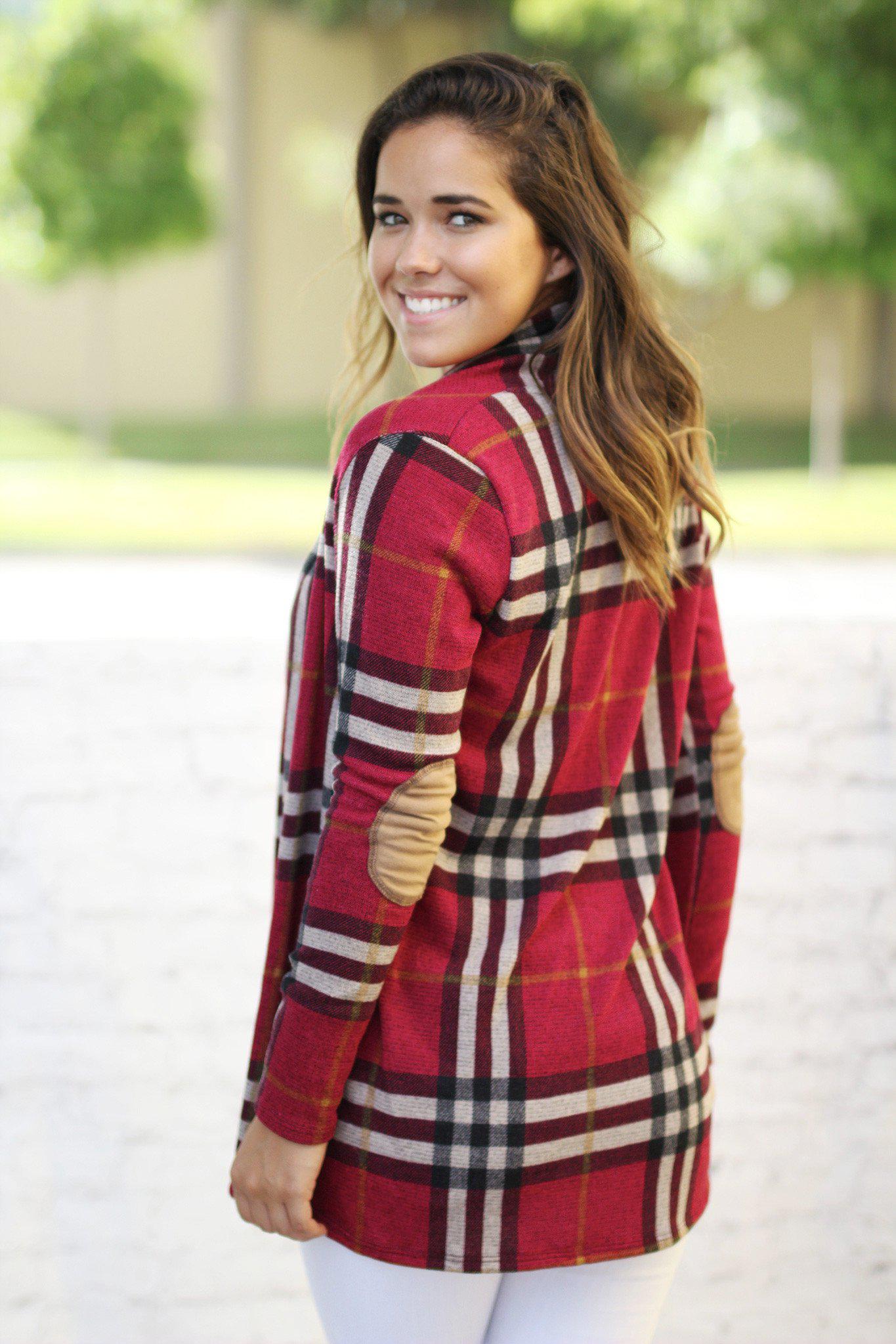 Stylish Burgundy Checkered Cardigan Featuring Elbow Patches for Fashion - Forward Individuals