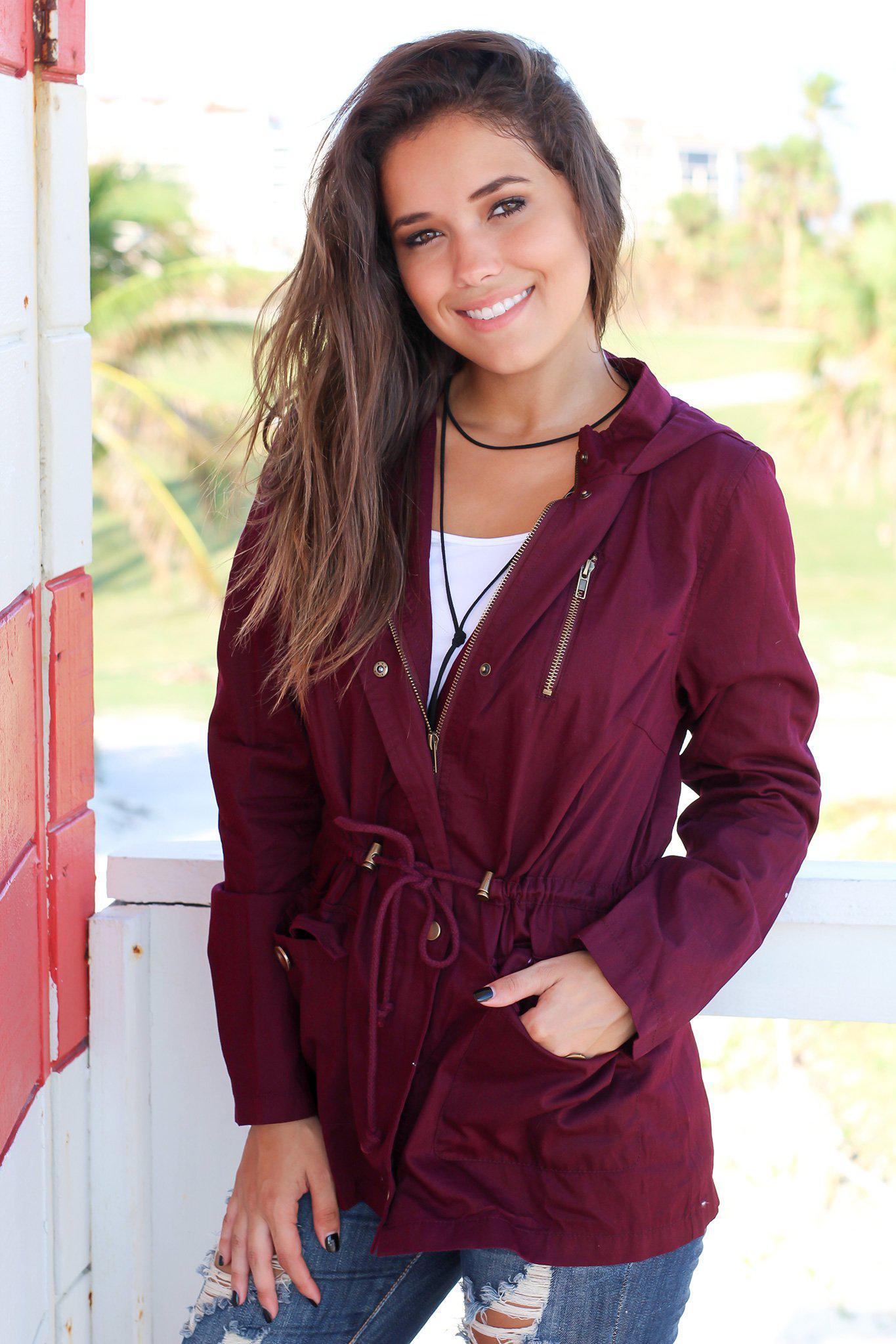 Stylish Burgundy Cotton Jacket with Hood for Fall and Winter