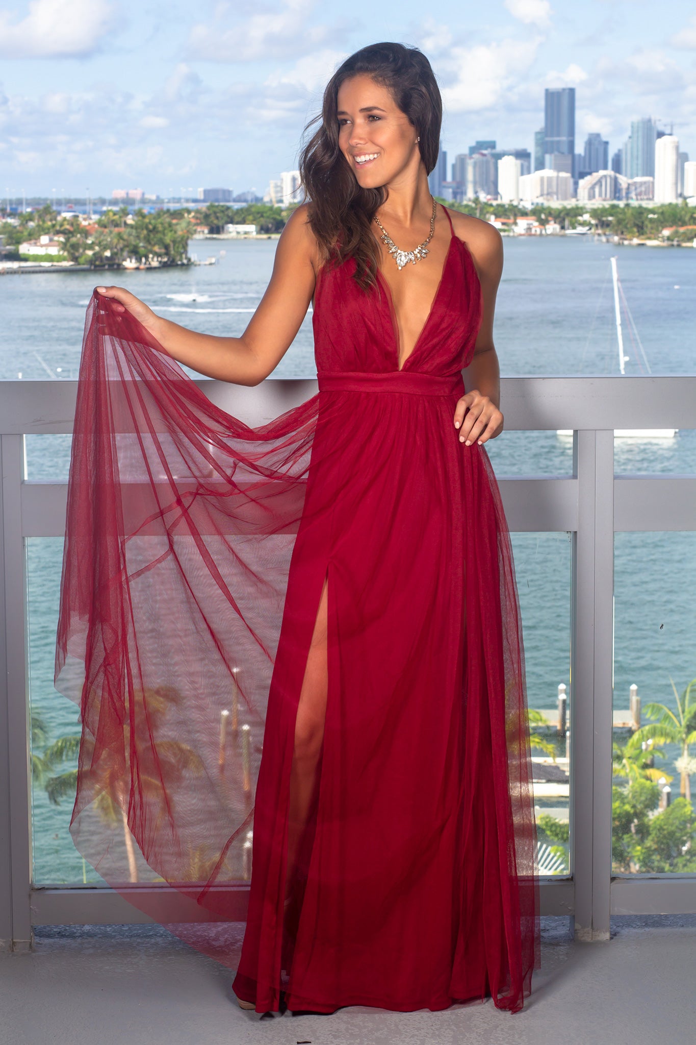 Elegant Burgundy Polyester Tulle Maxi Evening Dress with Stylish Criss Cross Back Design