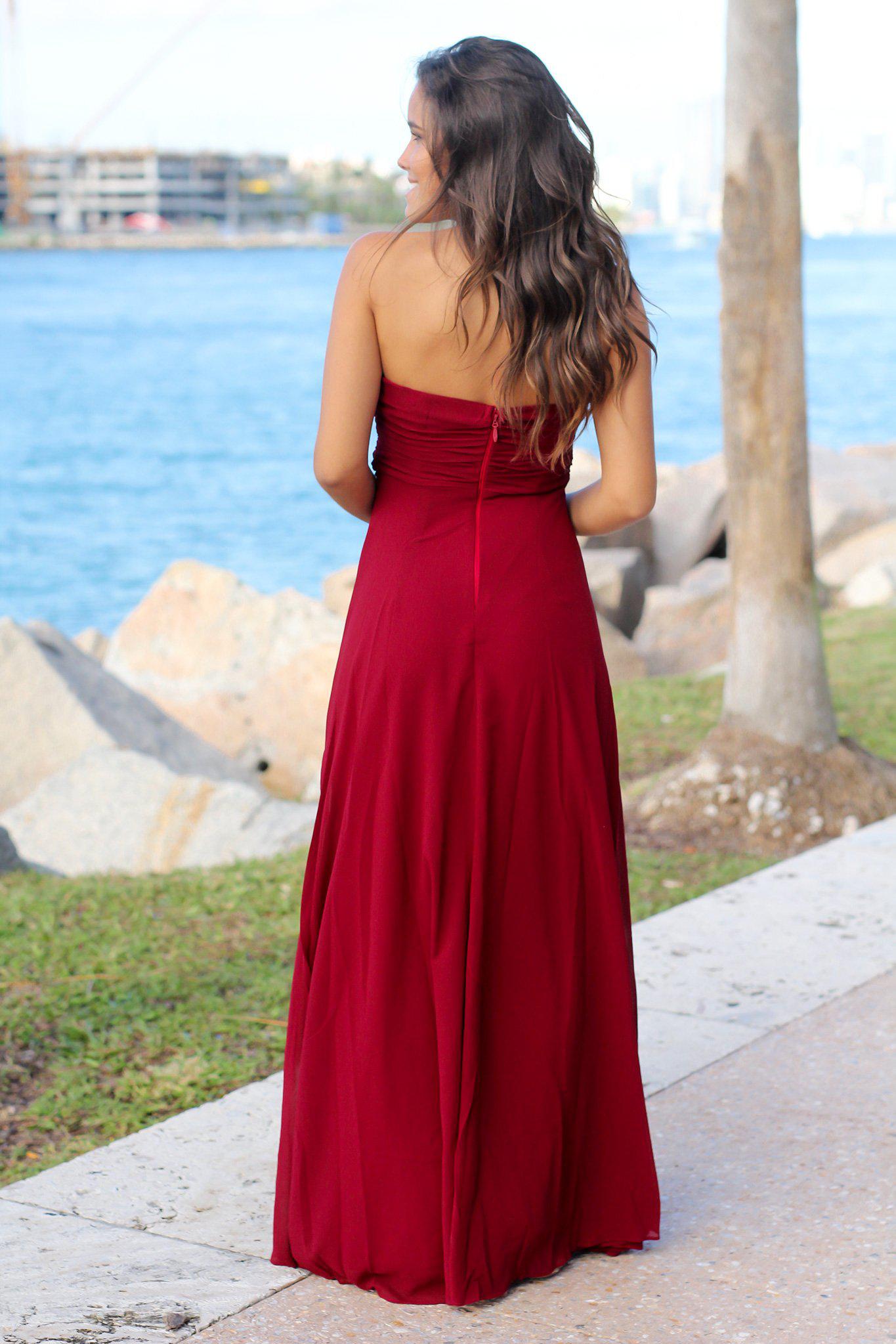 Gorgeous Burgundy Strapless Maxi Dress Featuring a Knot Detail