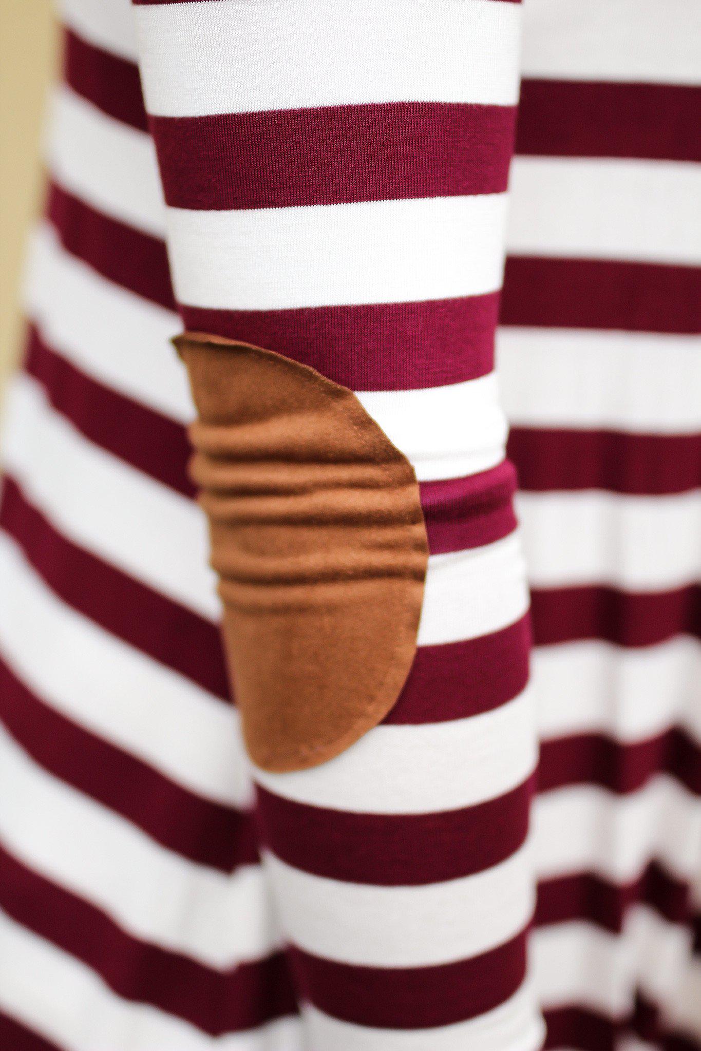 Stylish Fall Burgundy and White Striped Cardigan with Tan Elbow Patches