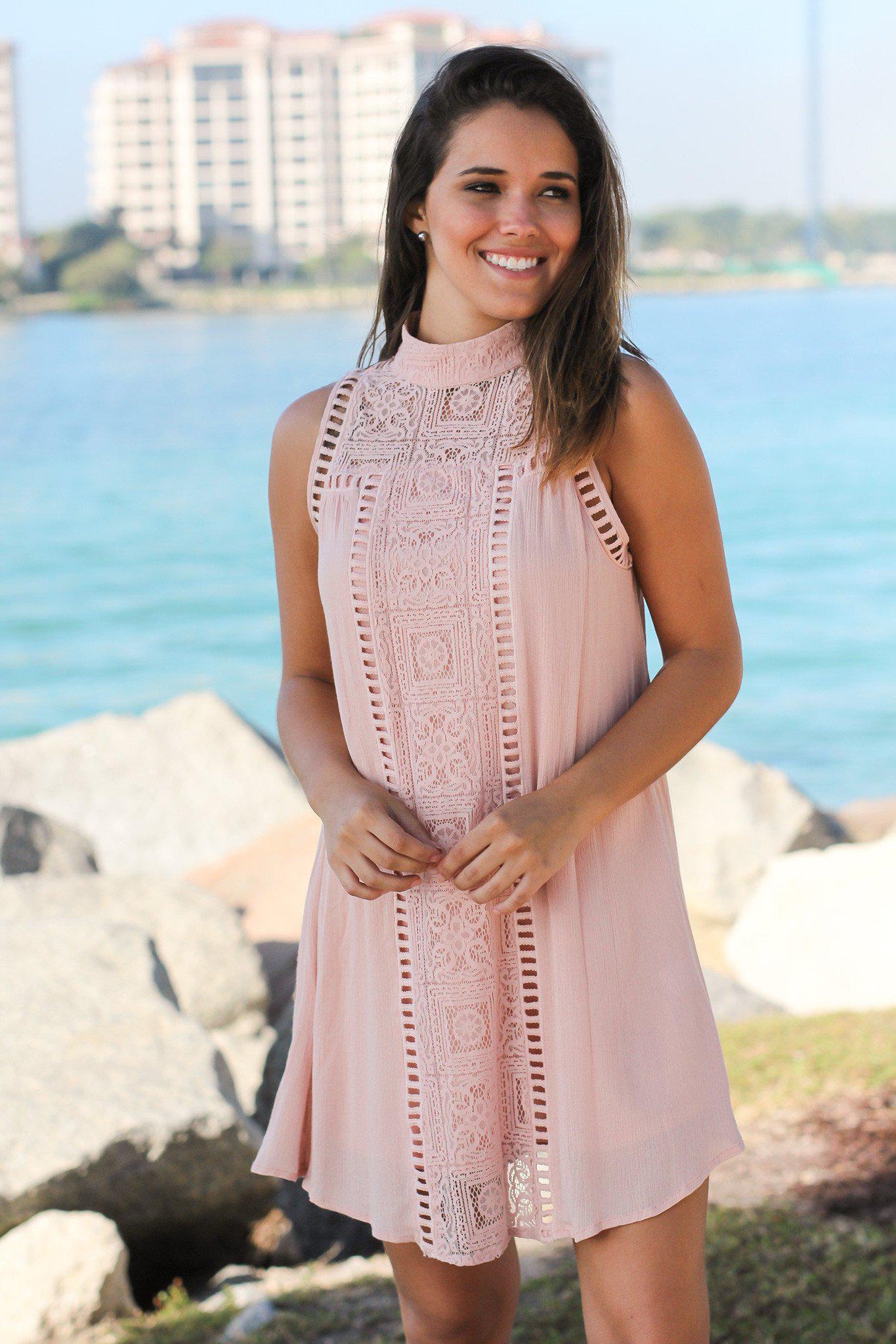 Blush-colored Short Women's Dress Adorned with Delicate Lace Details