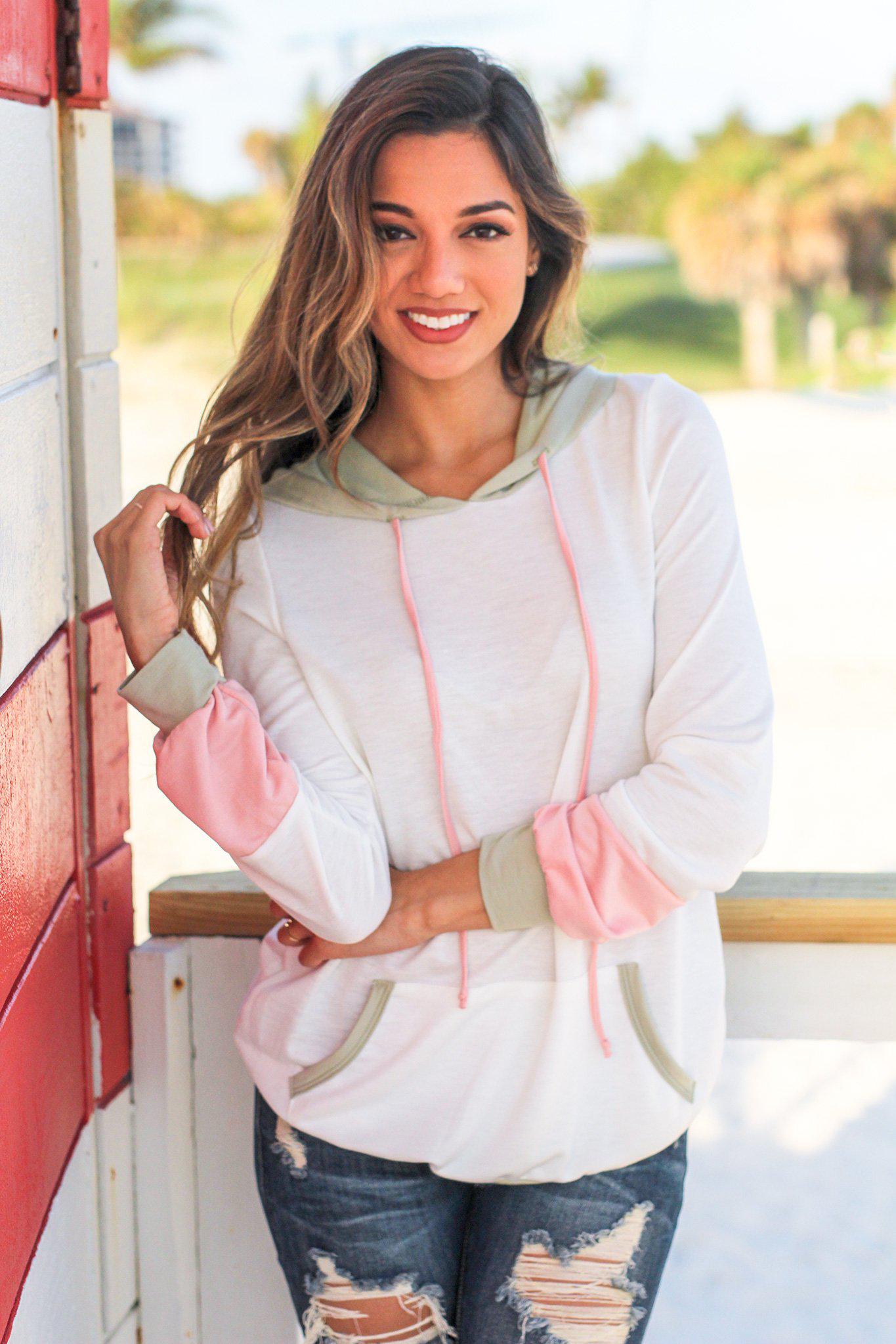 Fashionable Ivory and Sage Color Block Long - Sleeved Sweater with Drawstring Hood and Front Pocket
