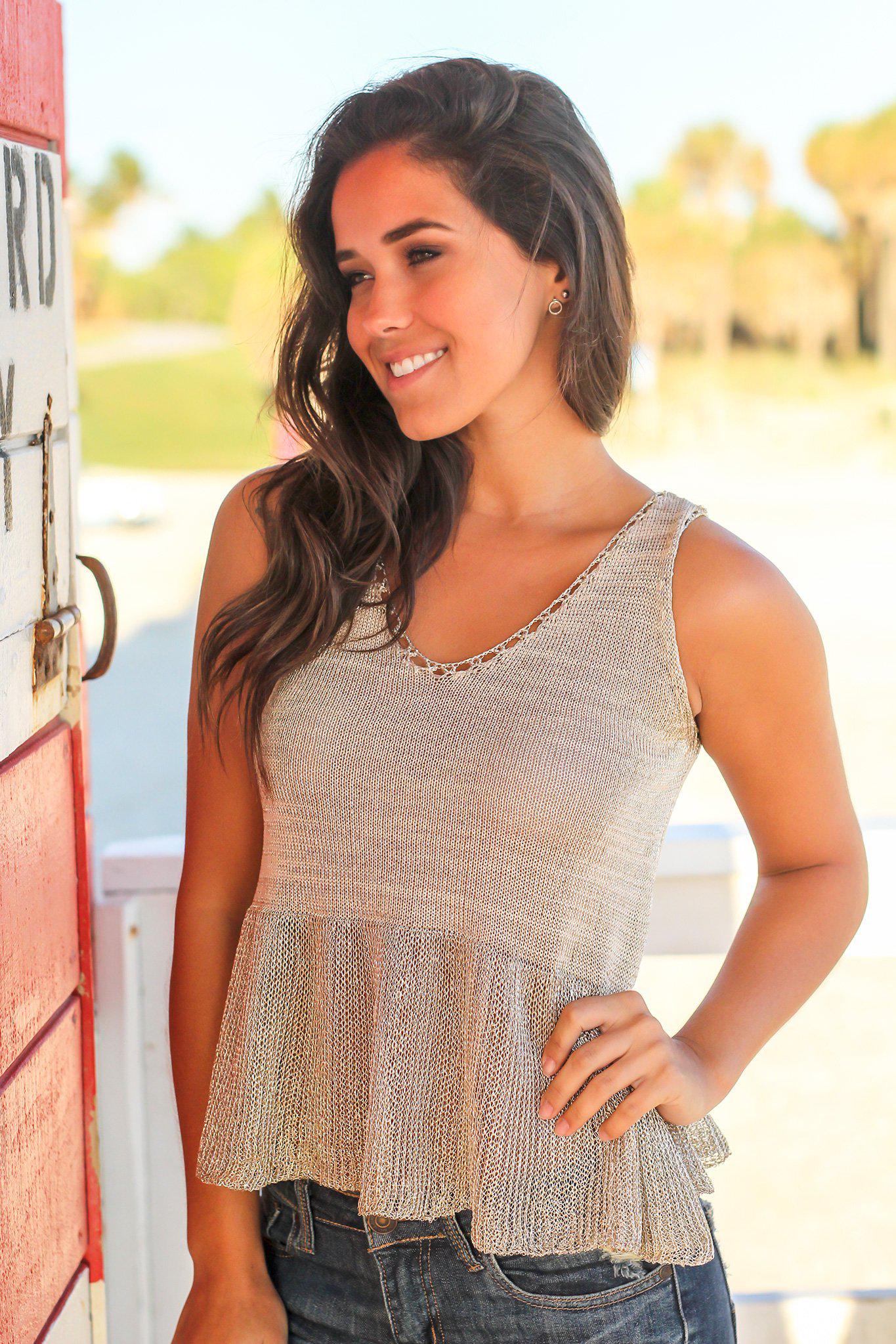 Stylish Light Golden Women's Top Featuring a Ruffled Hem