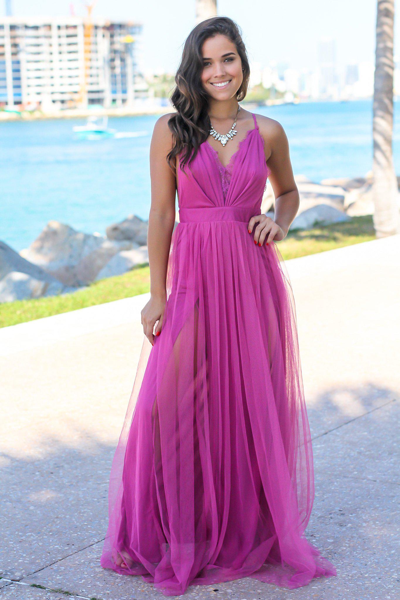 Gorgeous Magenta Tulle Maxi Dress with Elegant Lace Accents