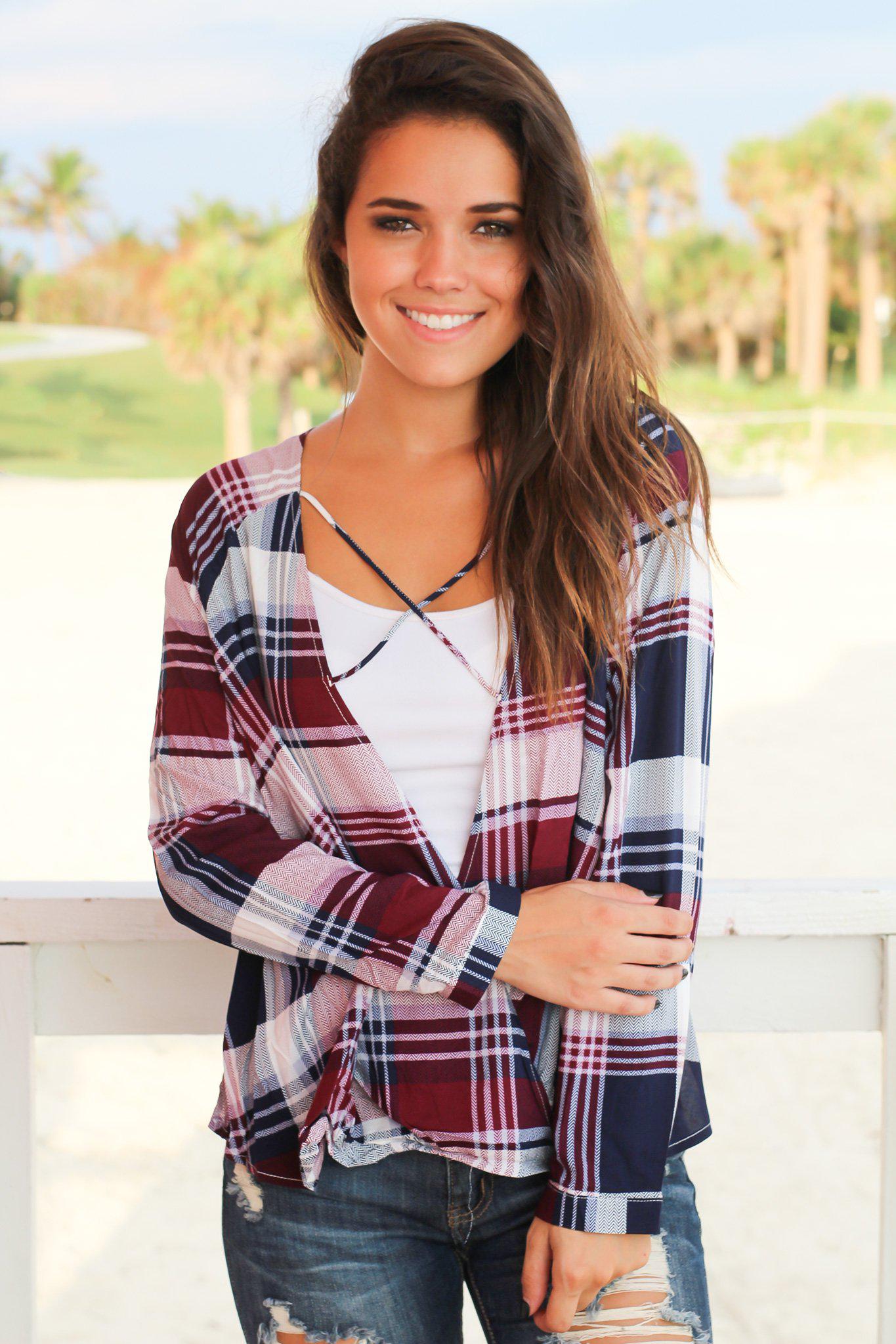 Stylish Burgundy, Navy, and Ivory Plaid Criss Cross Draped Long - Sleeve Top