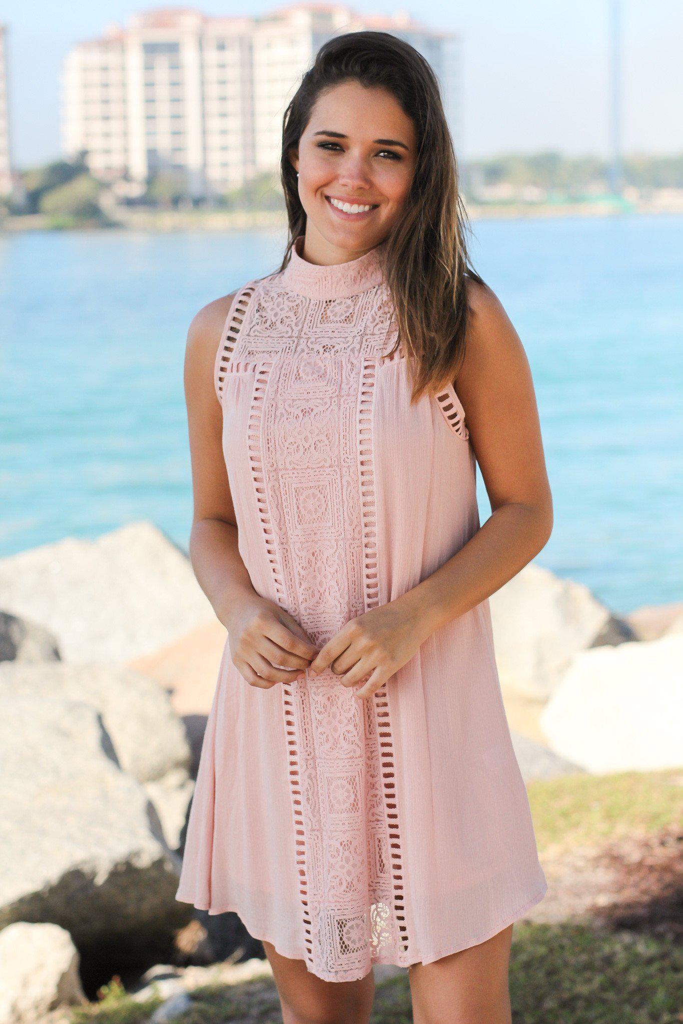 Blush-colored Short Women's Dress Adorned with Delicate Lace Details