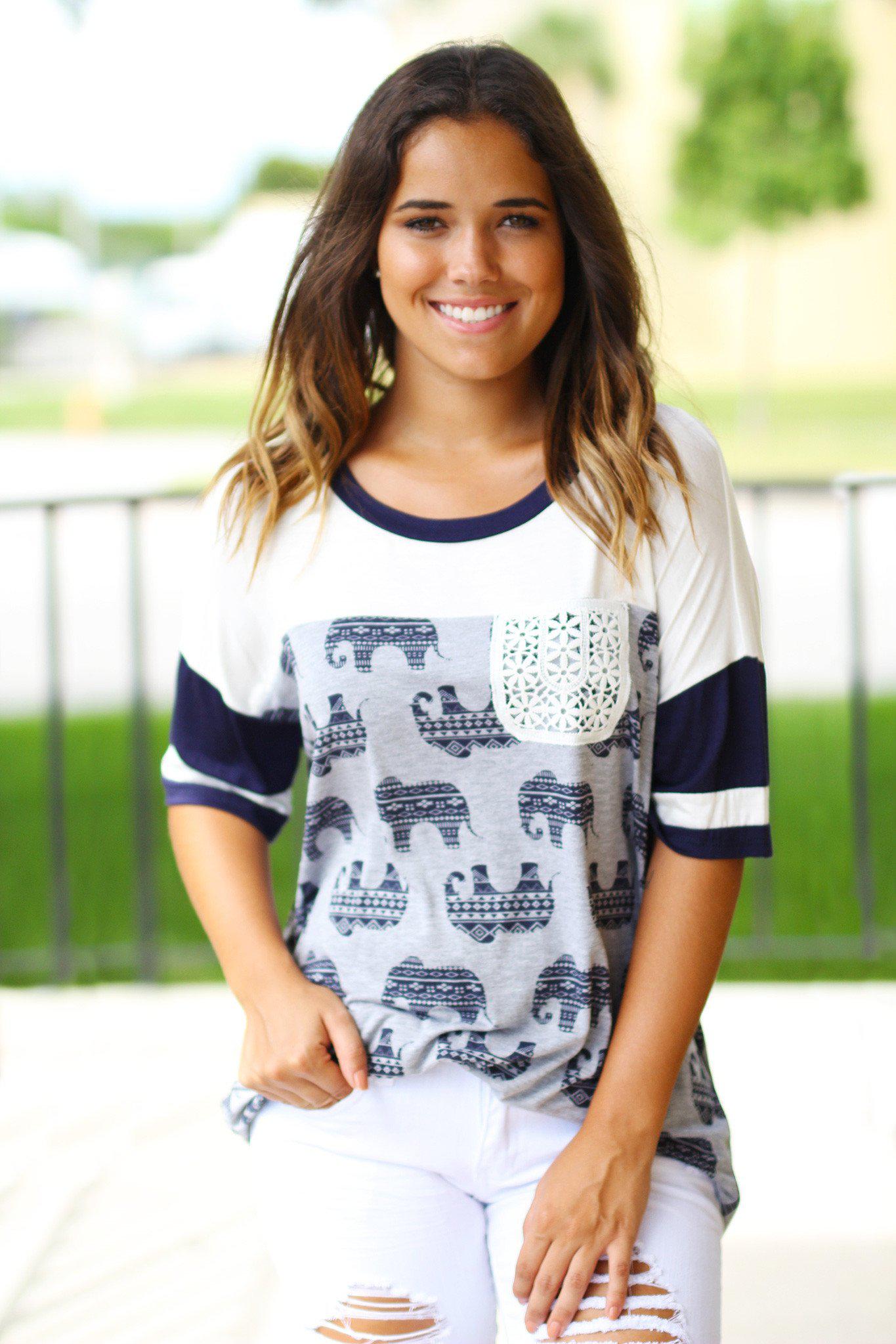 Charming Ivory Elephant Crochet Pocket Top for Casual Outings