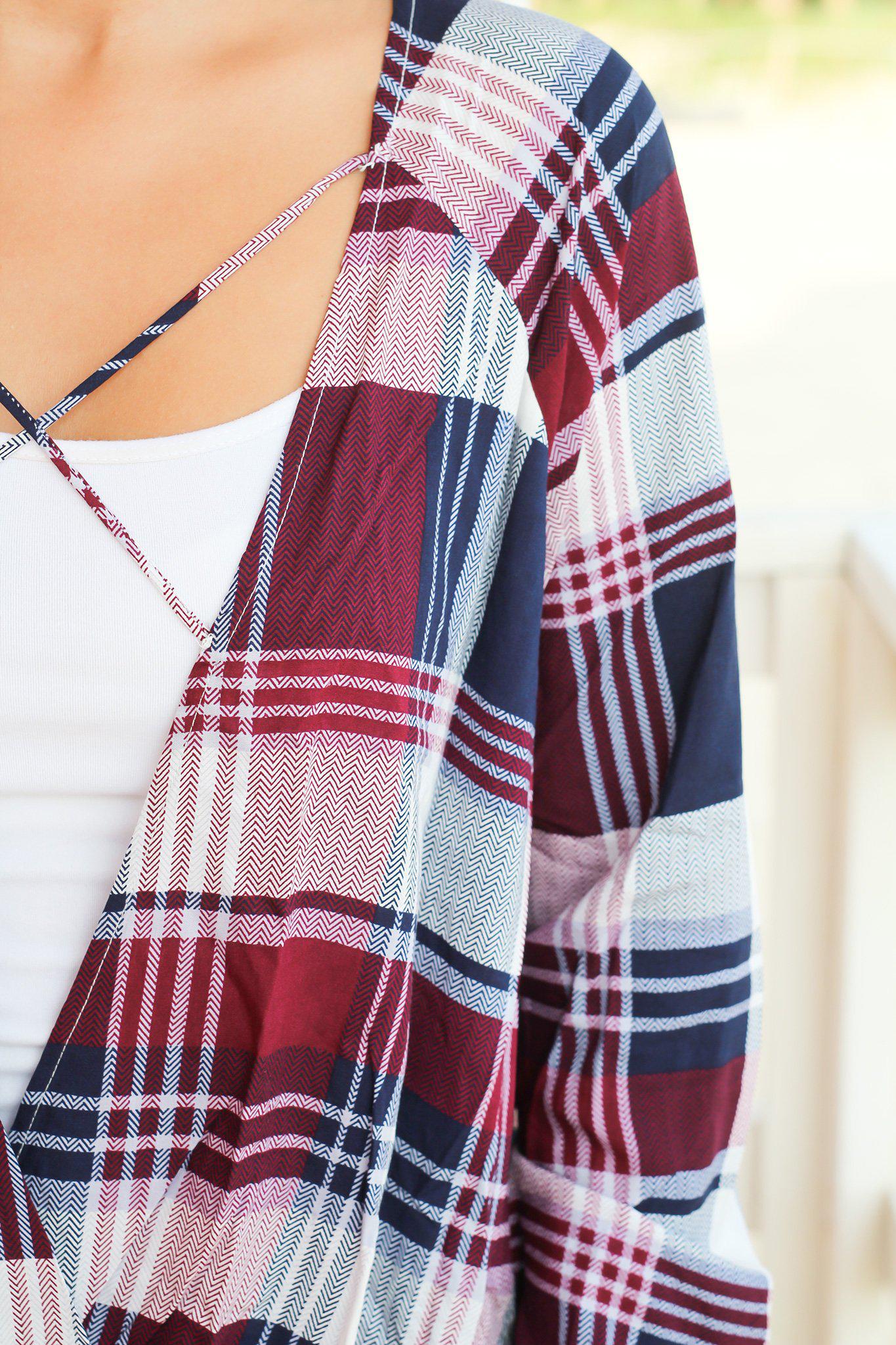 Stylish Burgundy, Navy, and Ivory Plaid Criss Cross Draped Long - Sleeve Top