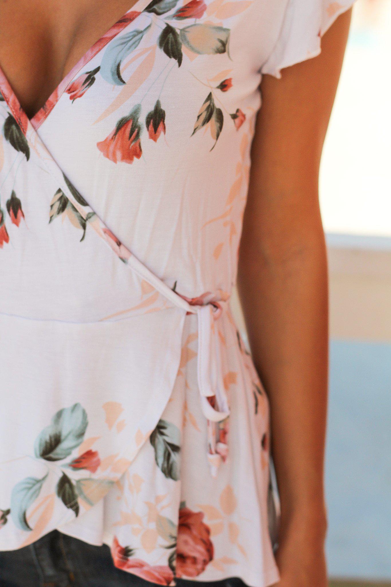 Charming Ivory Floral Wrap Style Short - Sleeve Top for Spring and Summer