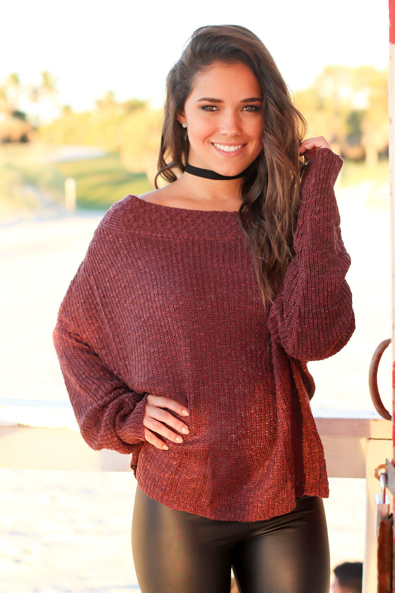 Stylish Maroon Knitted Women's Top Featuring a Draped Neckline