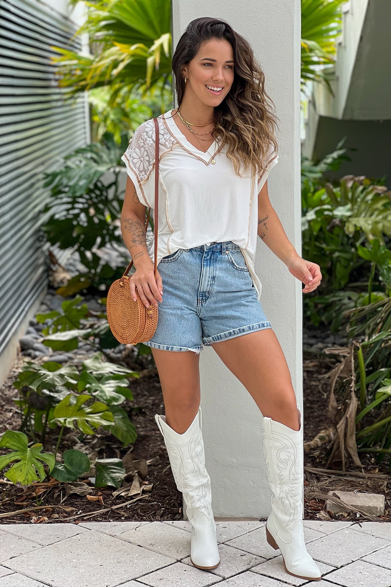 Stylish Ivory Women's V-Neck High Low Blouse With Exquisite Lace Detail