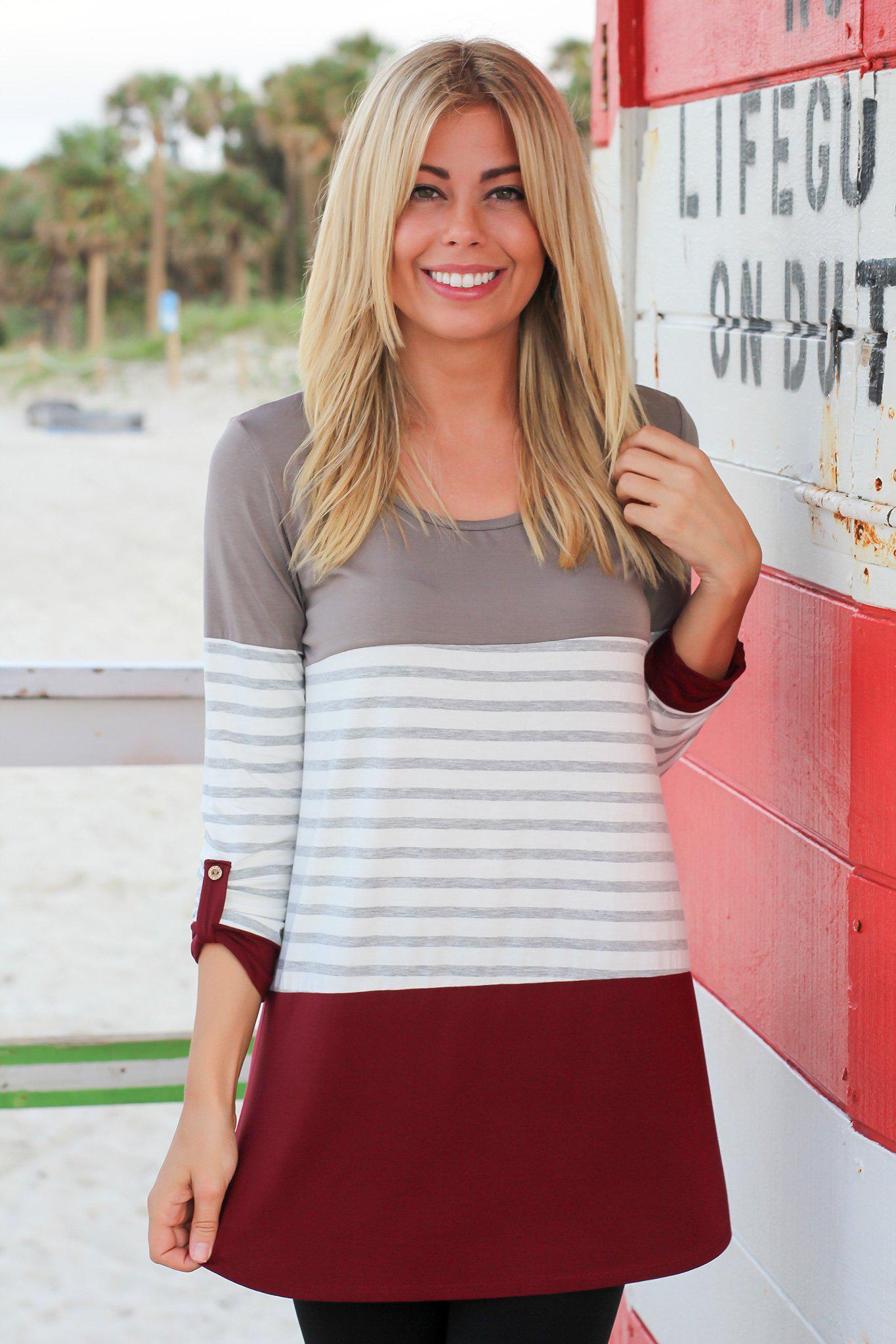 Stylish Burgundy Striped 3/4 Sleeve Top for Daily Wear