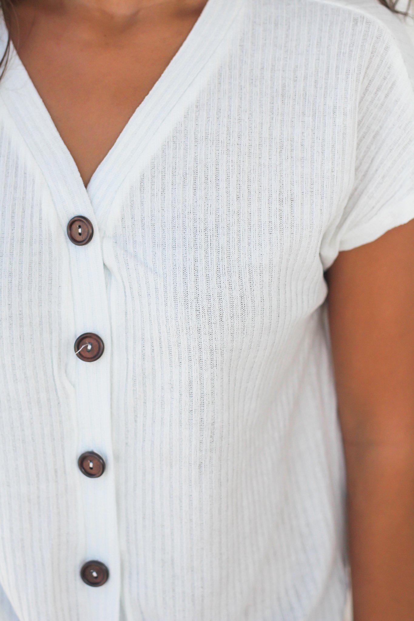 Stylish Ivory Women's V-Neck Ribbed Blouse with Front Tie Detail