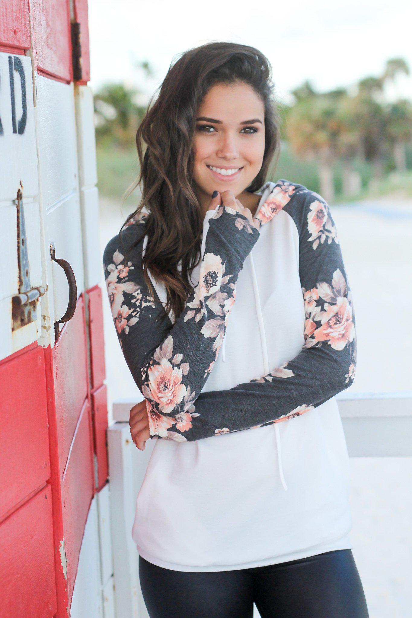 Stylish Ivory Hoodie with Beautiful Floral Long Sleeves