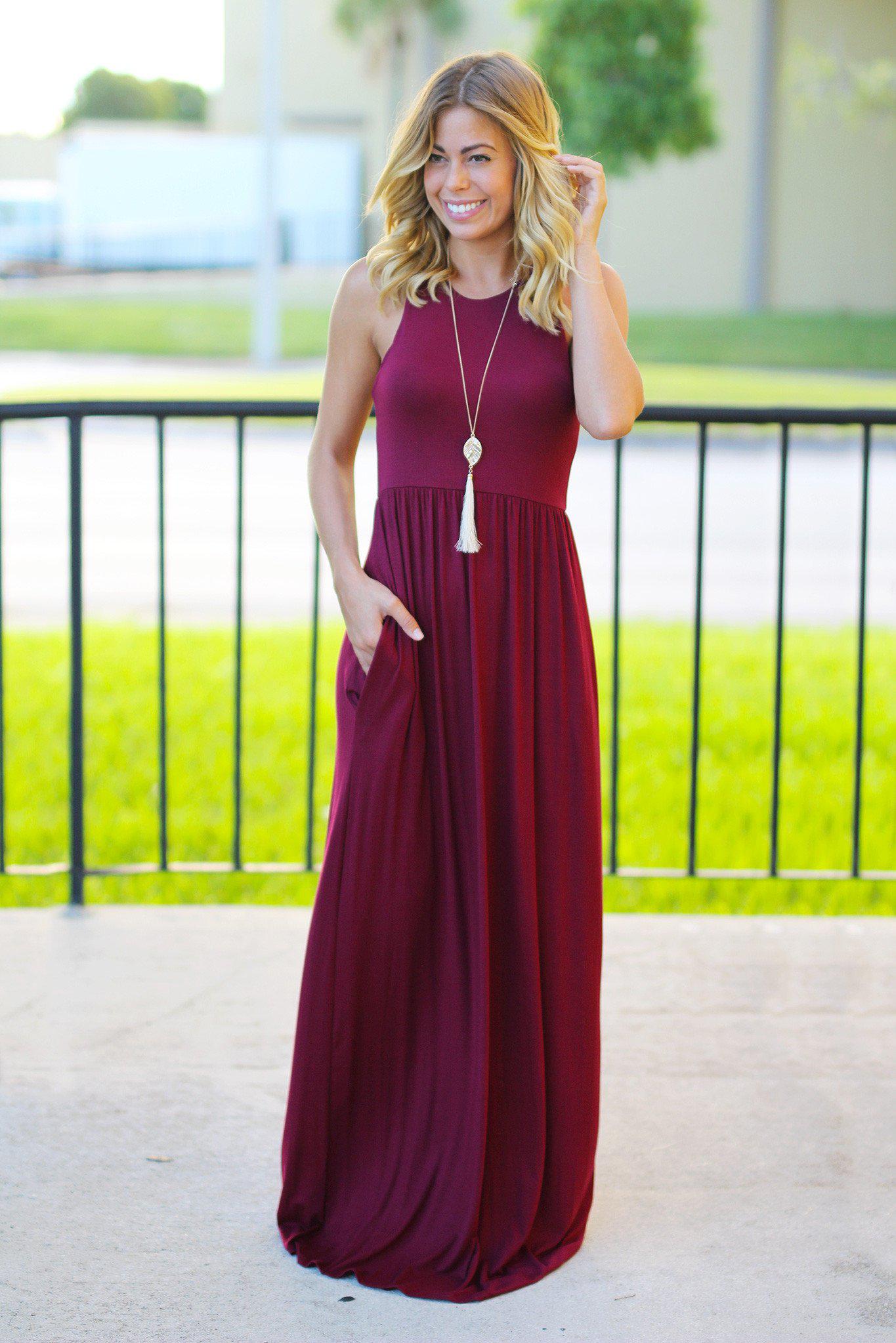 Stunning Burgundy Women's Maxi Dress with Functional Pockets
