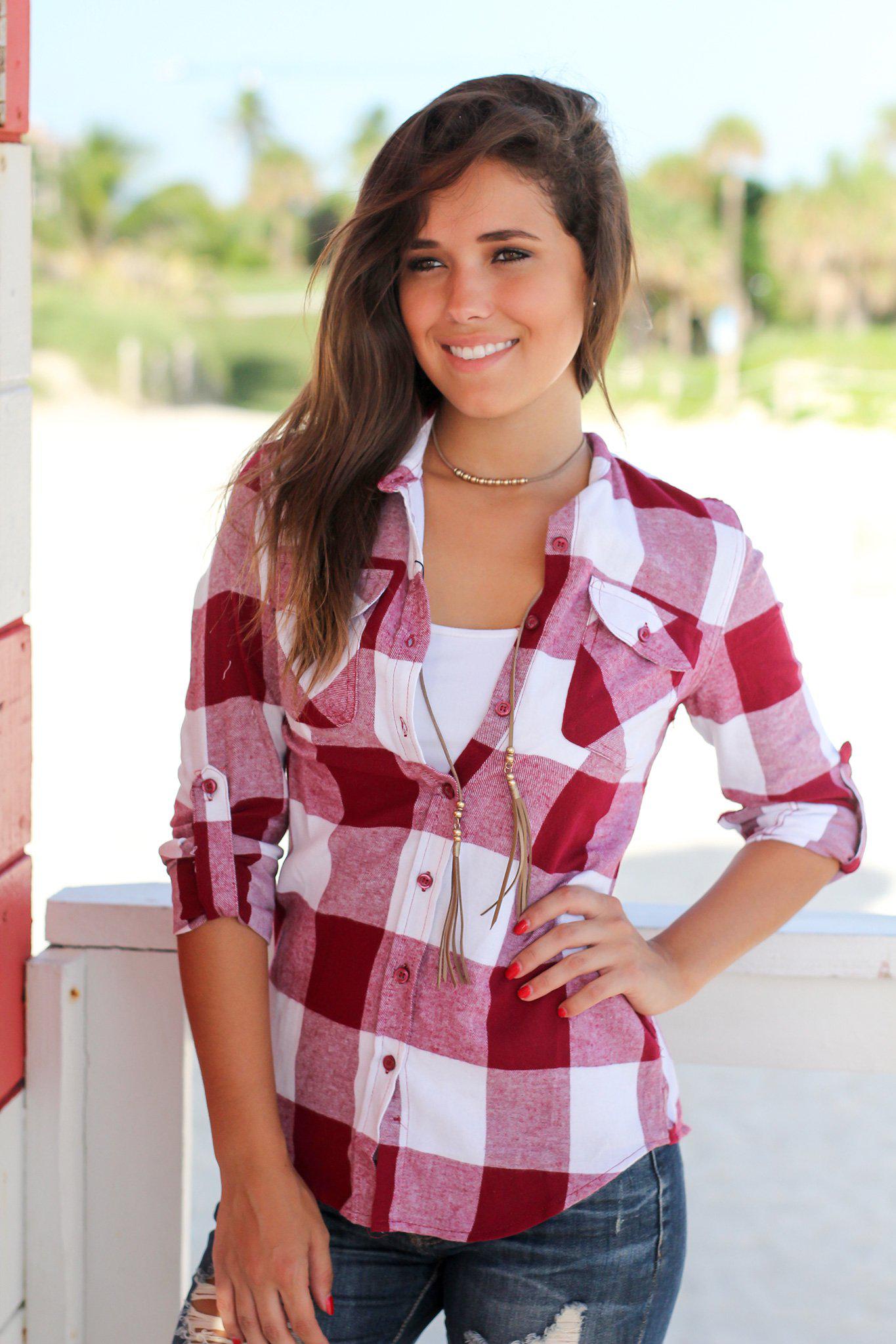 Stylish Burgundy and White Checkered Long - Sleeve Button - Up Women's Top