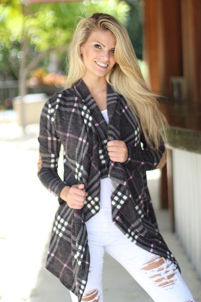 Stylish Charcoal Plaid Long - Sleeve Loose - Fit Open Cardigan