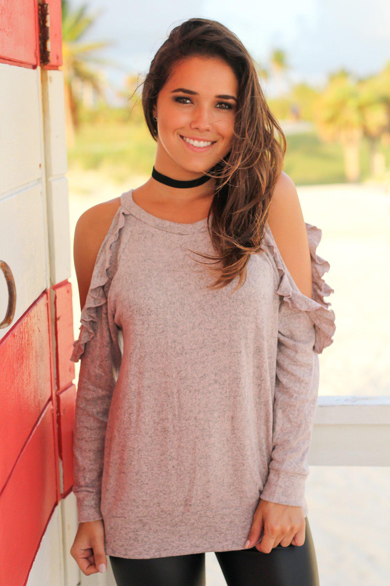Stylish Mauve Women's Cold Shoulder Long Sleeve Top with Elegant Ruffle Detail