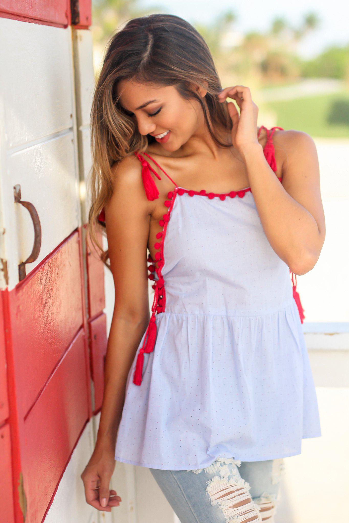 Adorable Light Blue Sleeveless Top with Tassel and Pom Pom Accents