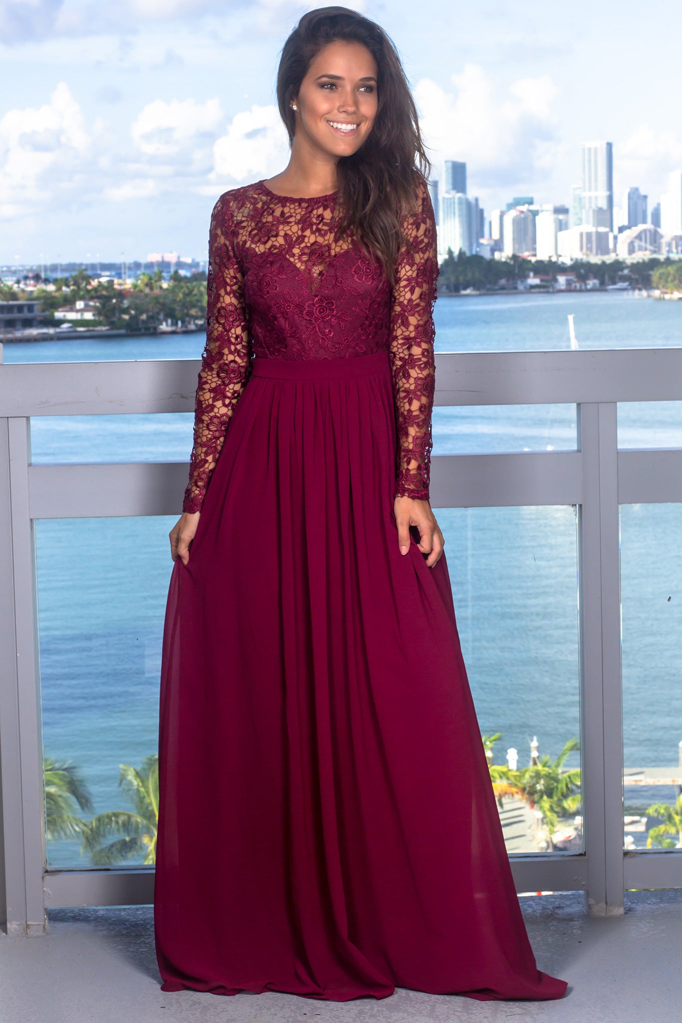 Stunning Burgundy Crochet - Detailed Long - Sleeve Top Maxi Dress with Back Lace - Up and Zipper