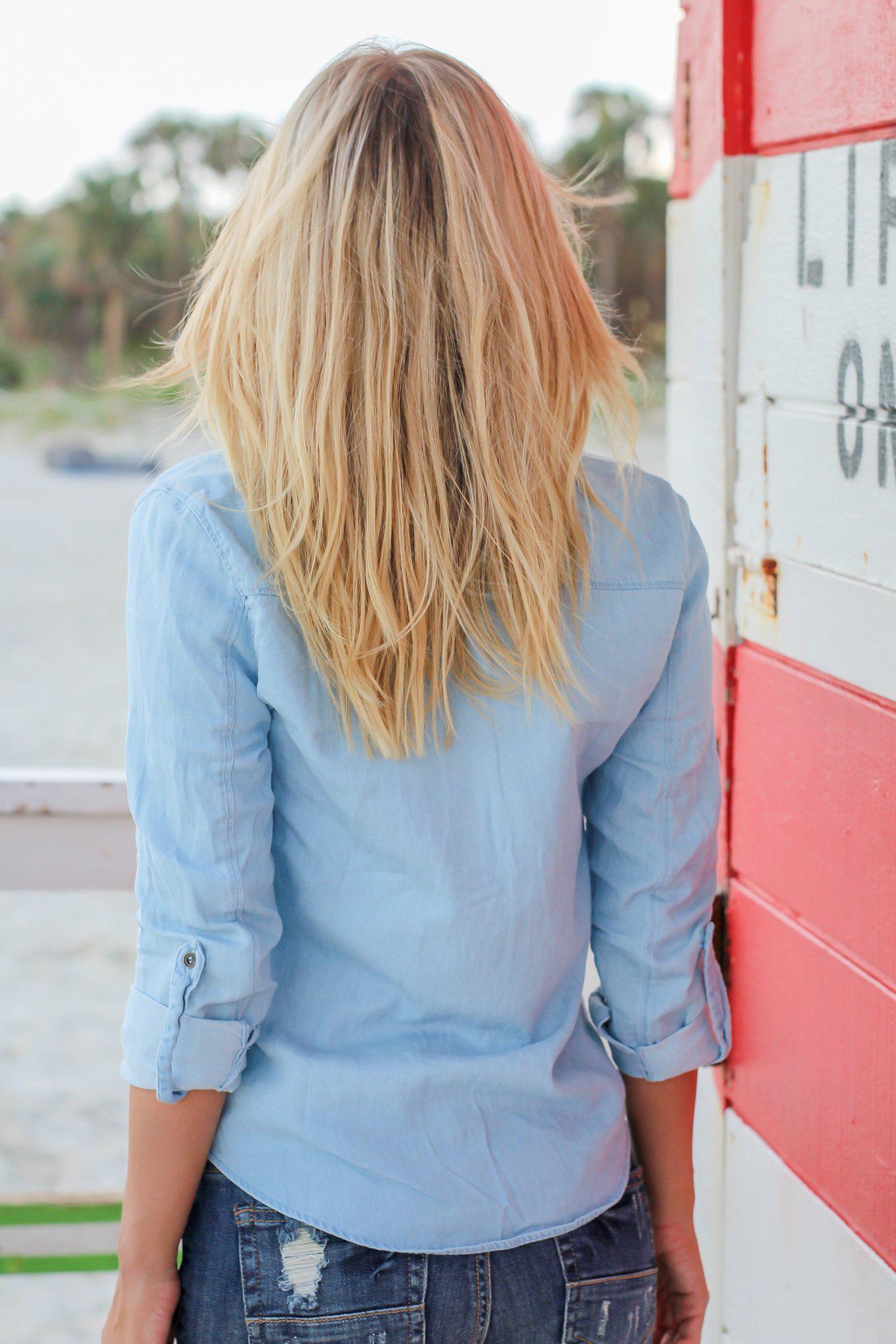 Stylish Light Blue Chambray Long - Sleeve Button - Down Top for All Occasions